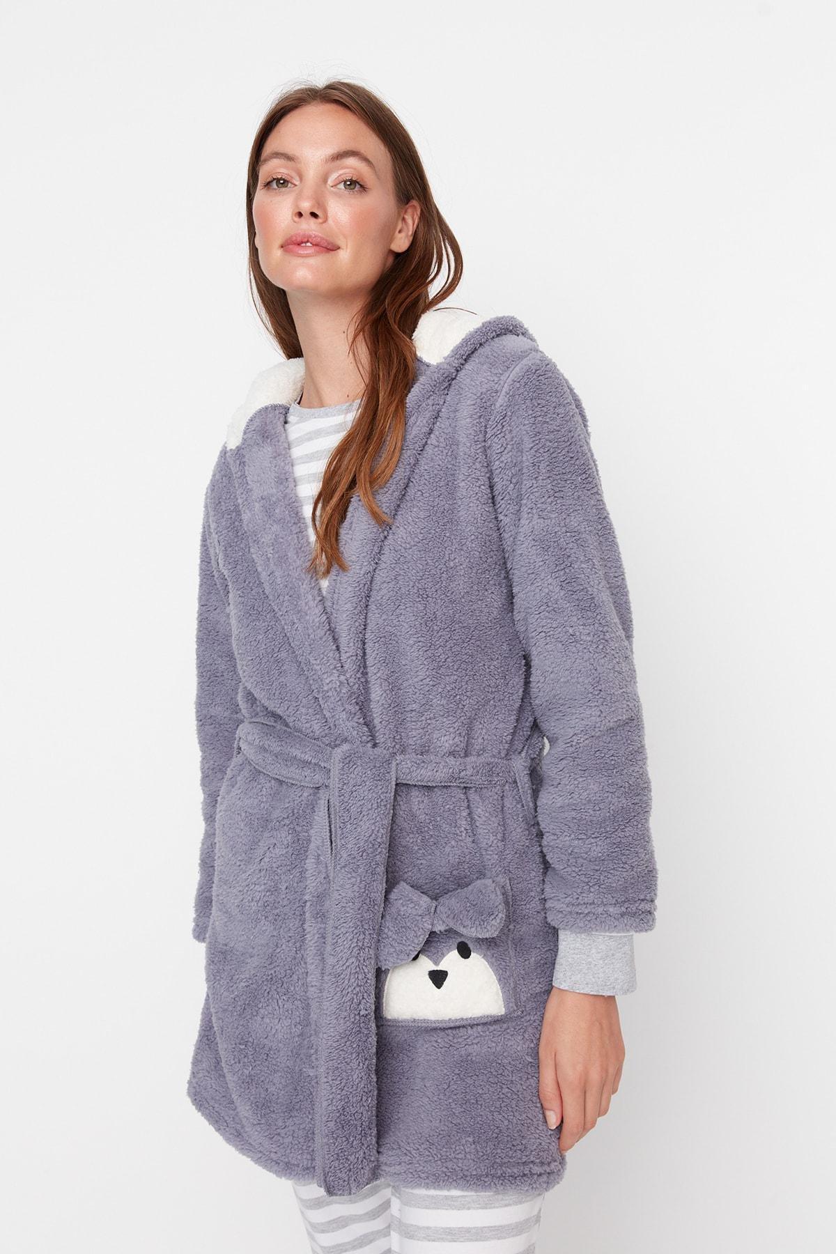 Grey Crop Short Dressing Gown, , large image number 4