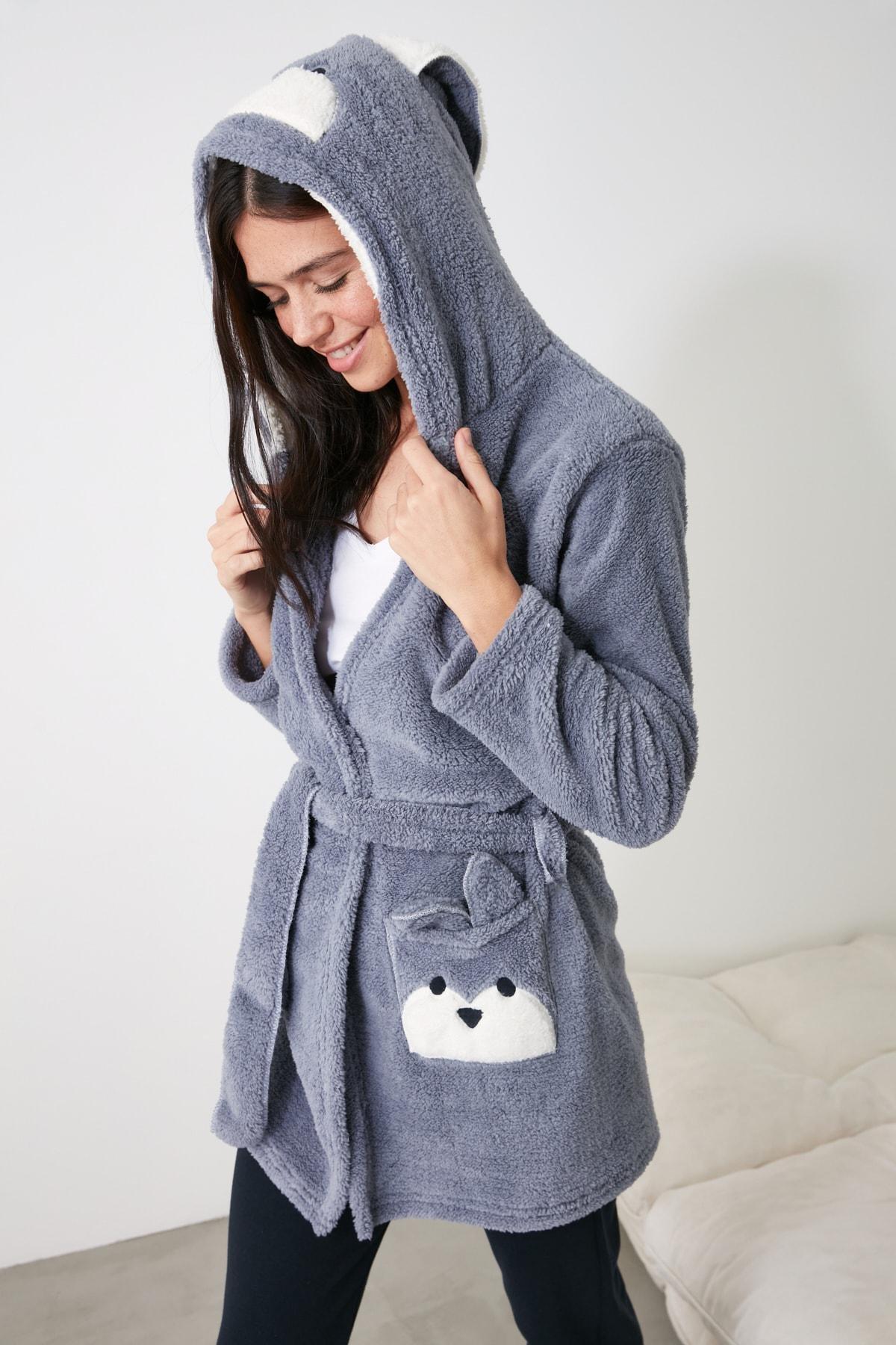 Grey Crop Short Dressing Gown, , large image number 5