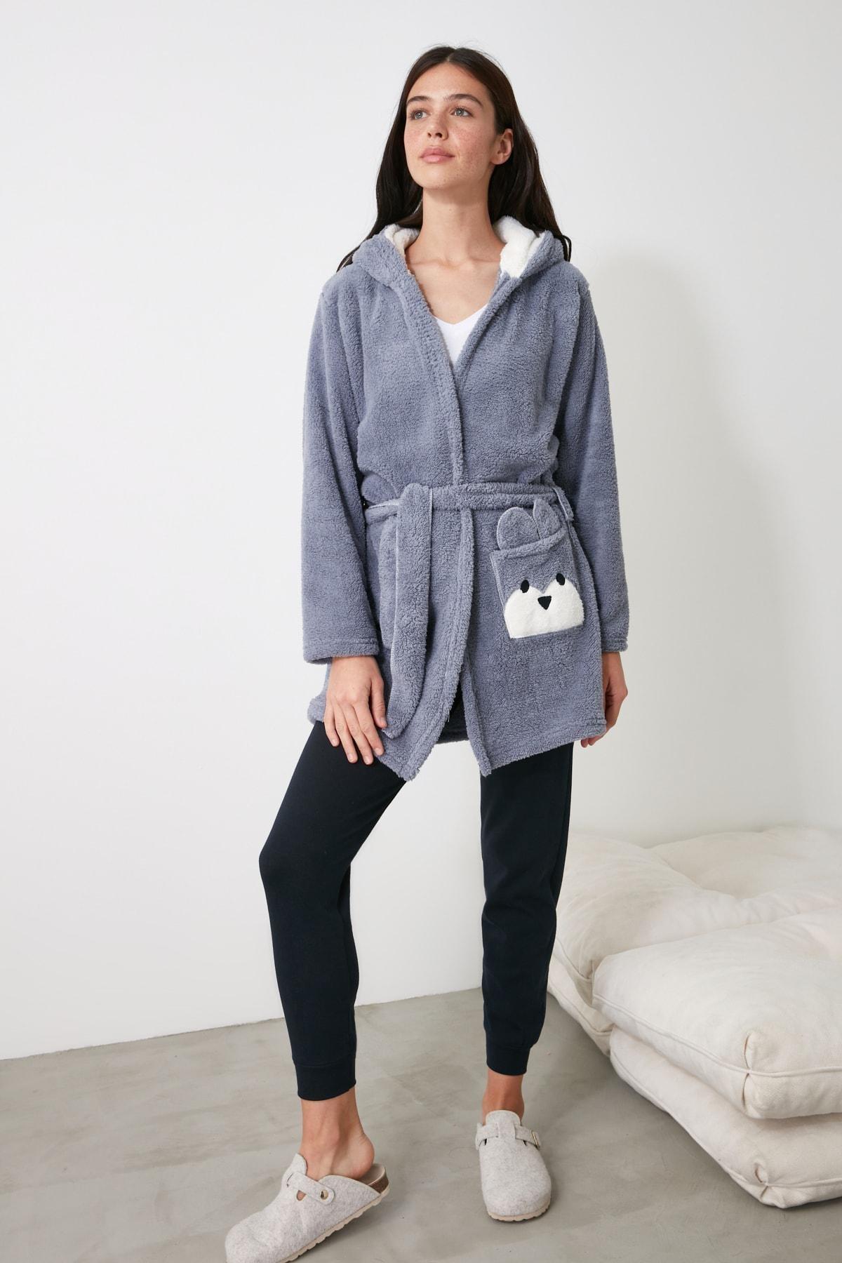 Grey Crop Short Dressing Gown, , large image number 6
