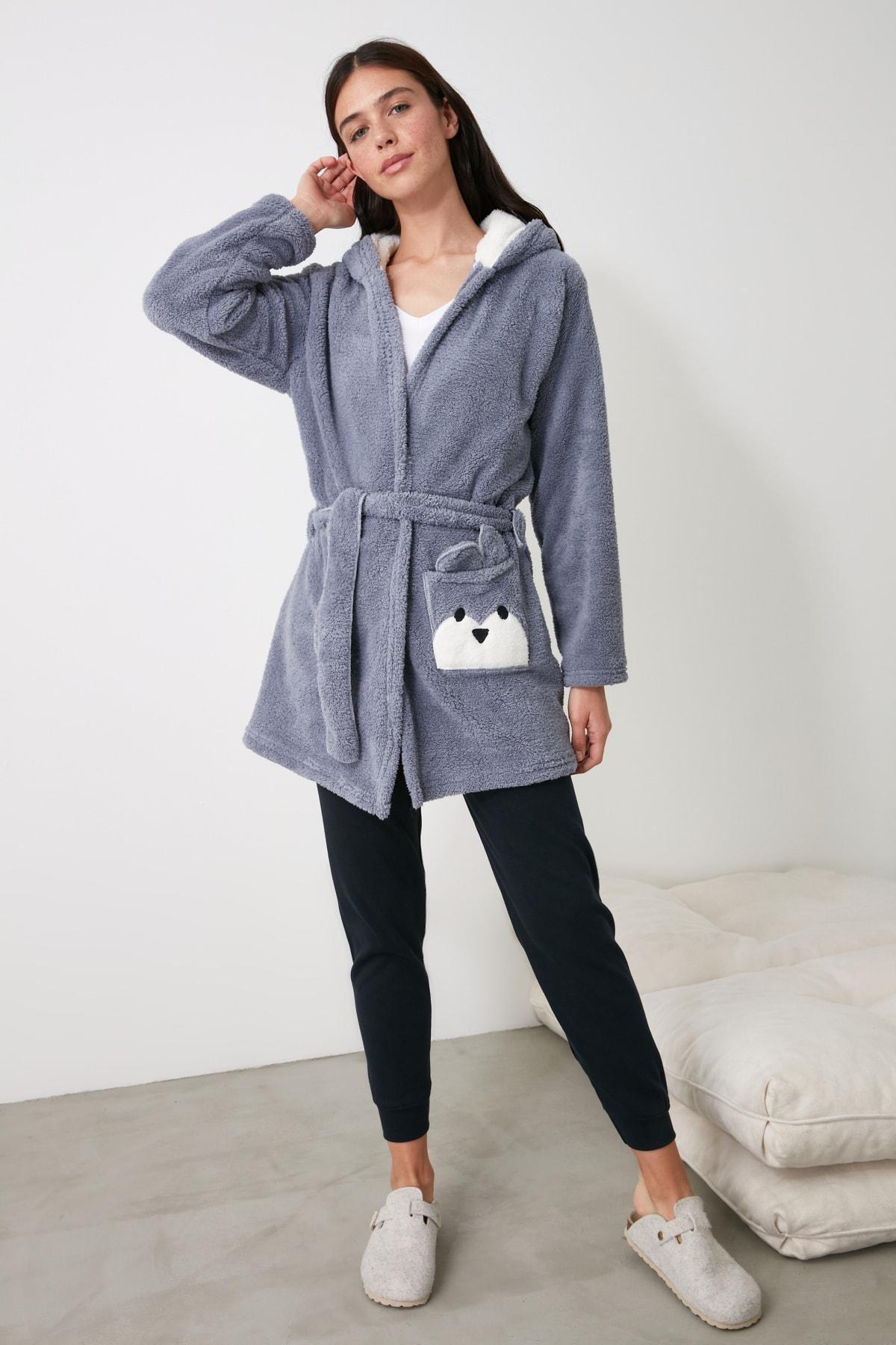 Grey Crop Short Dressing Gown, , large image number 7