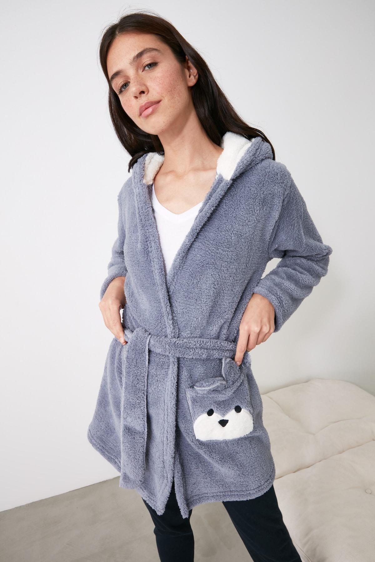 Grey Crop Short Dressing Gown, , large image number 8