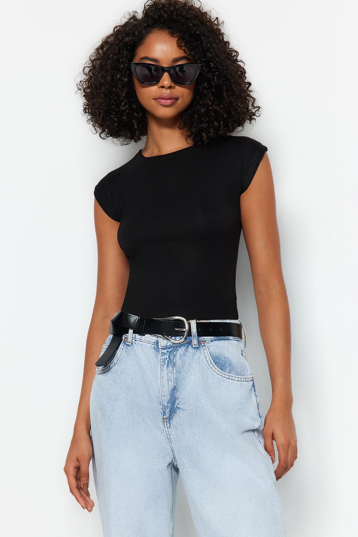 Black Premium Viscose Fitted Knitted Blouse, , large image number 5