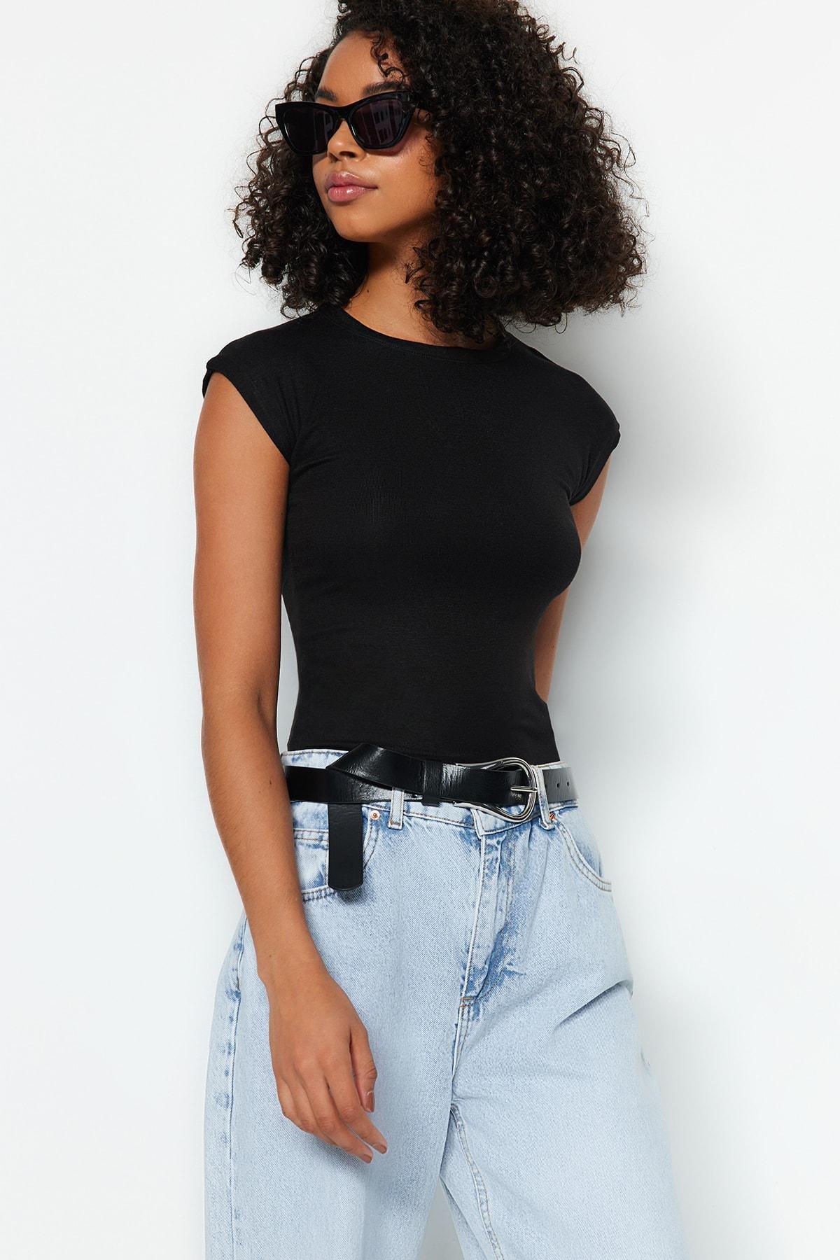 Black Premium Viscose Fitted Knitted Blouse, , large image number 6