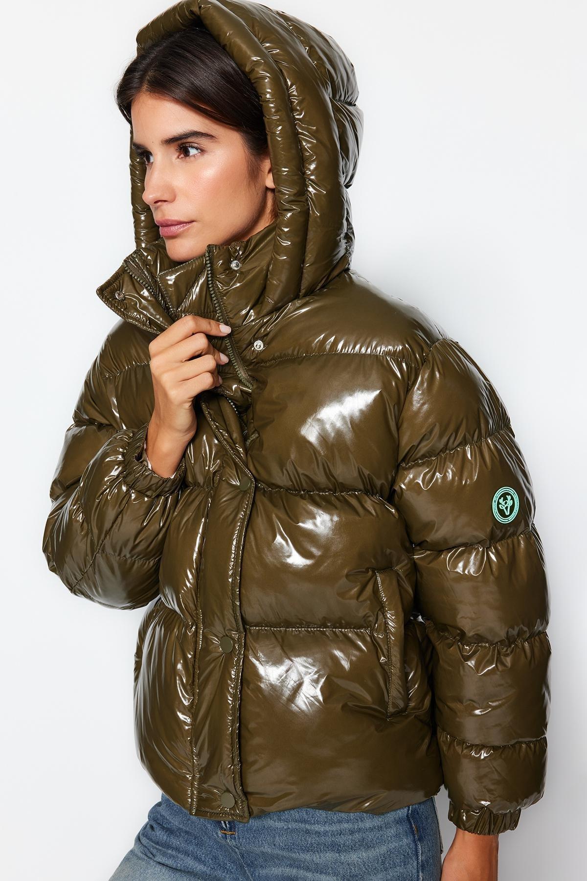 Khaki Oversized Hooded Puffer Coat, , large image number 2