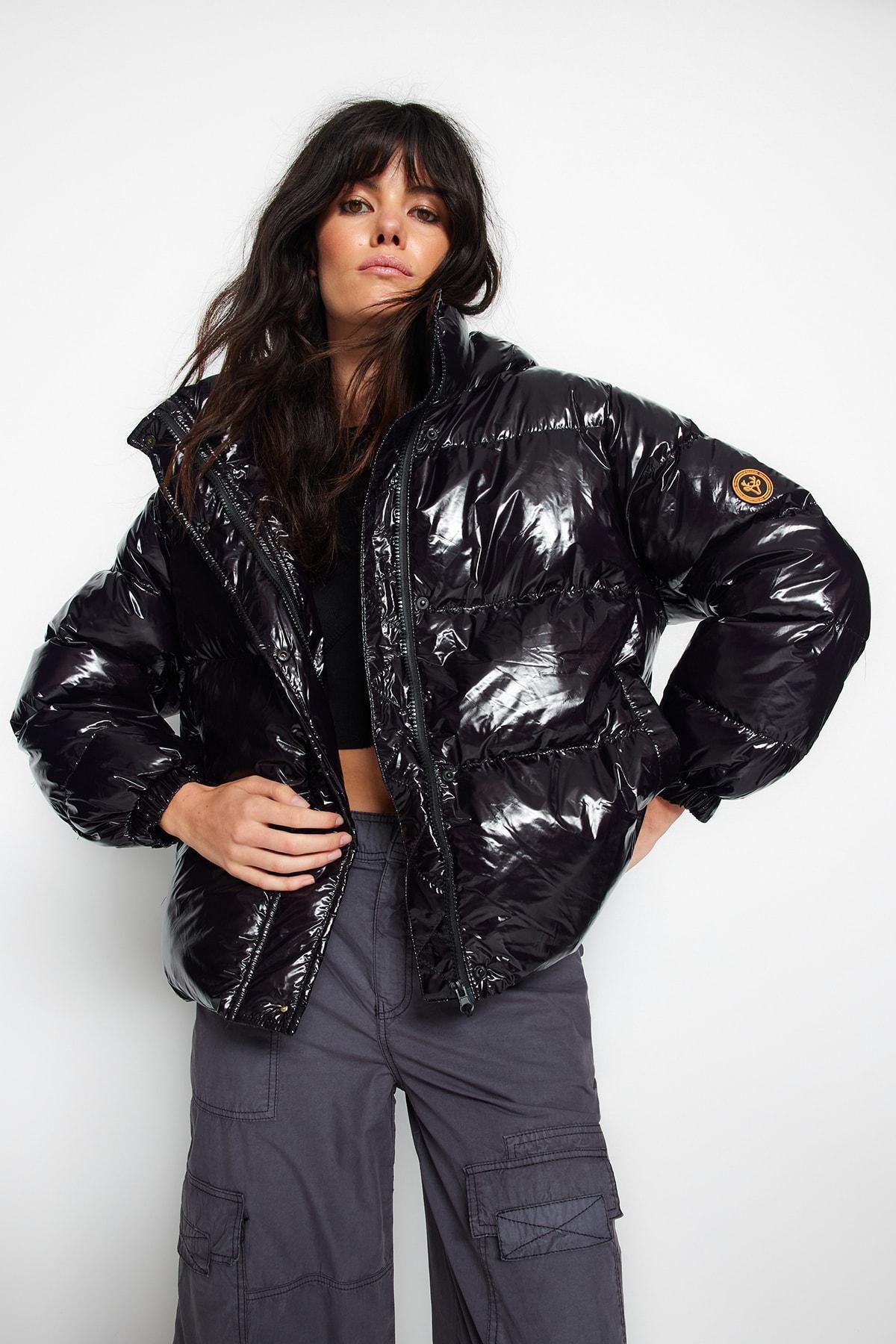 Black Oversized Hooded Glossy Inflatable Coat, , large image number 0