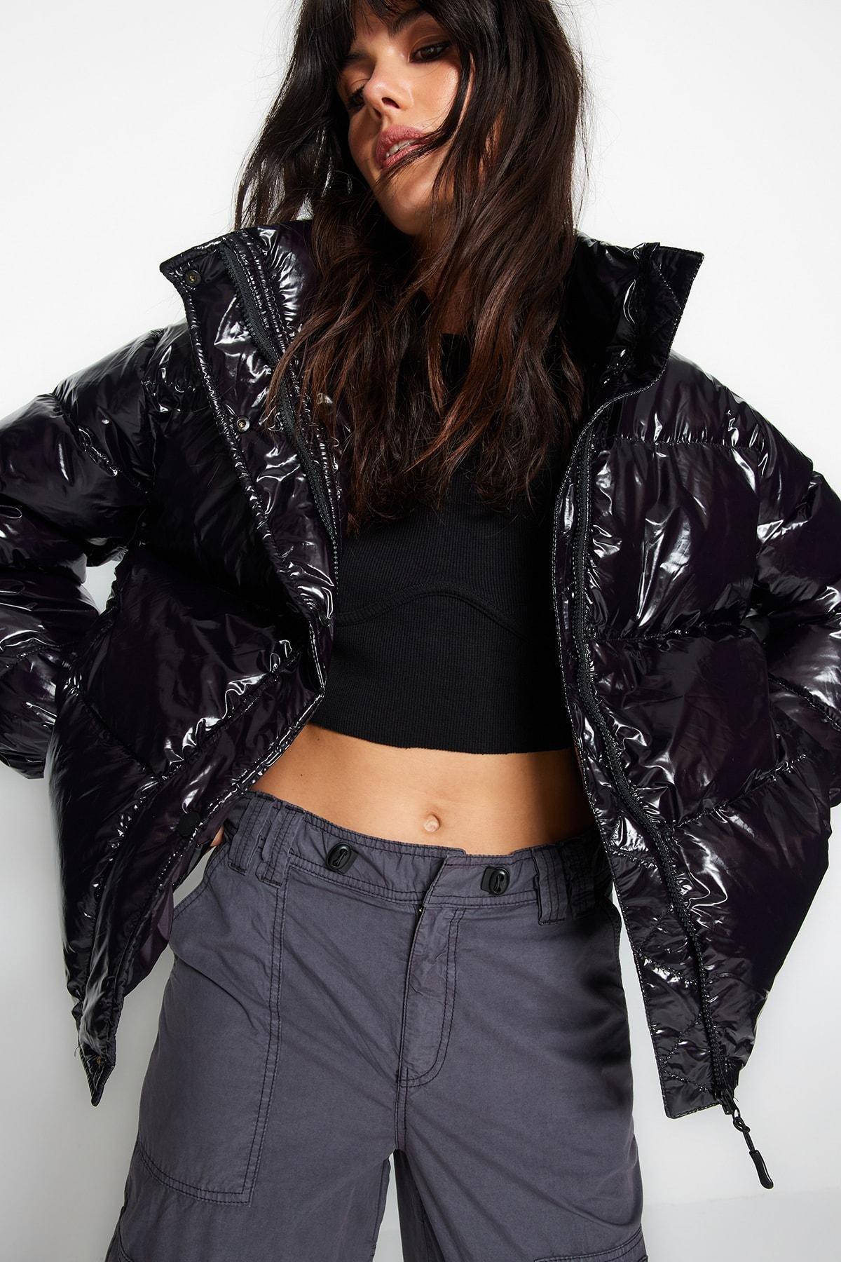 Black Oversized Hooded Glossy Inflatable Coat, , large image number 2
