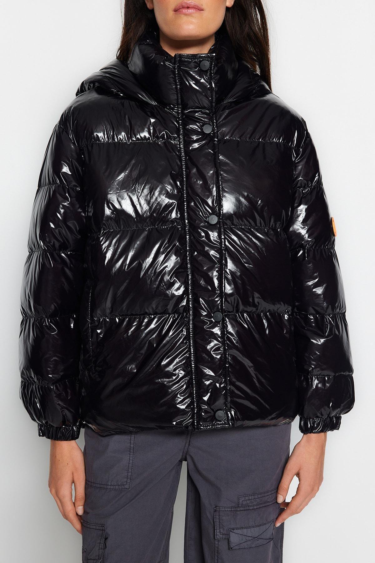 Black Oversized Hooded Glossy Inflatable Coat, , large image number 3