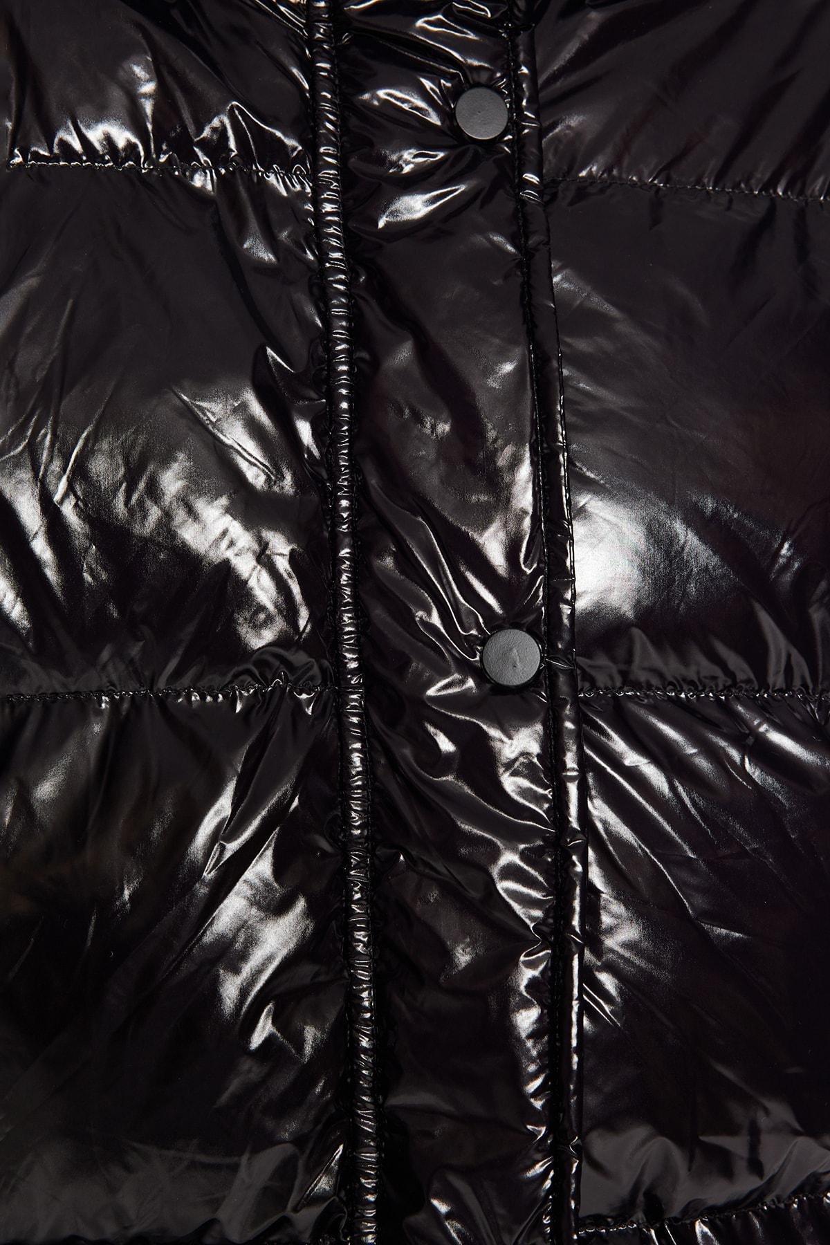 Black Oversized Hooded Glossy Inflatable Coat, , large image number 4