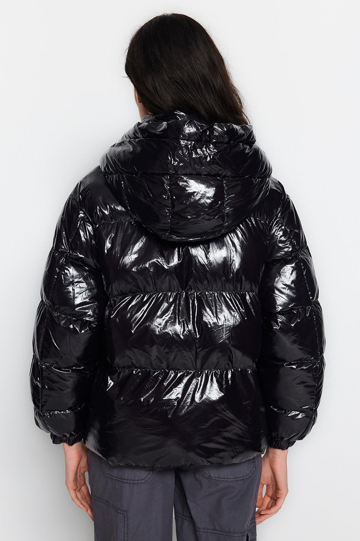 Black Oversized Hooded Glossy Inflatable Coat, , large image number 5