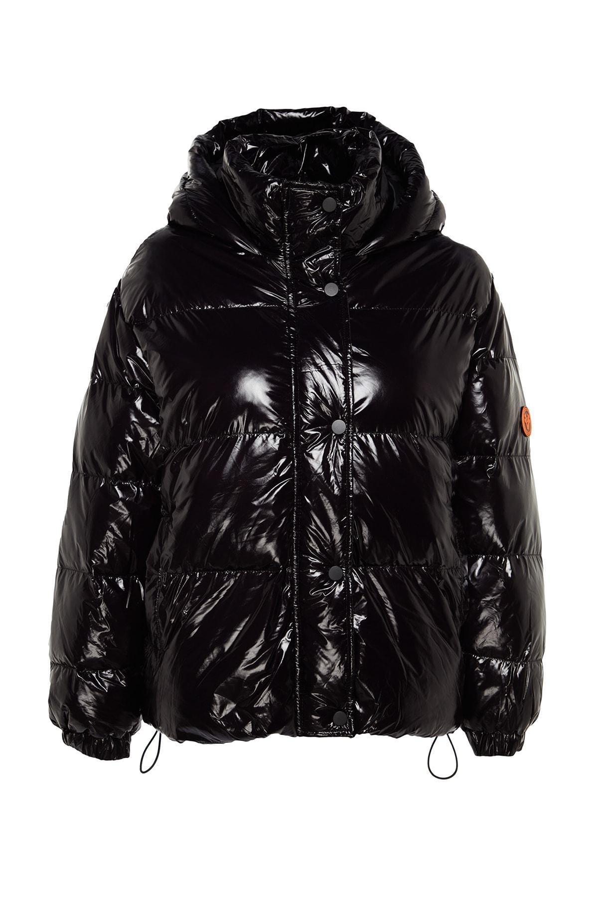 Black Oversized Hooded Glossy Inflatable Coat, , large image number 6