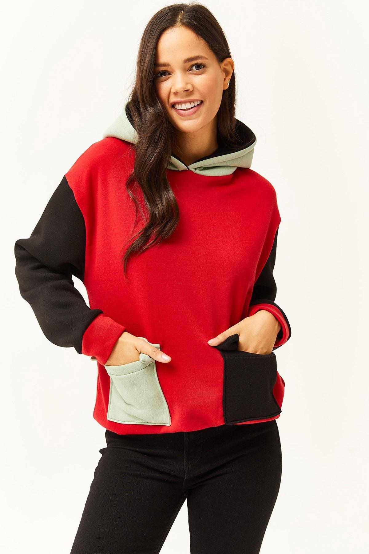 Red Colour Block Fleece Inner Sweatshirt, C101_3728, medium