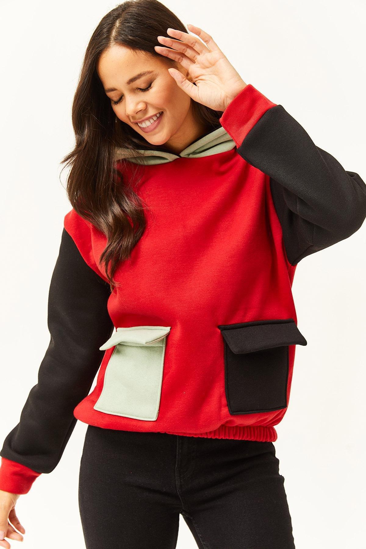 Red Colour Block Fleece Inner Sweatshirt, C101_3728, large image number 1