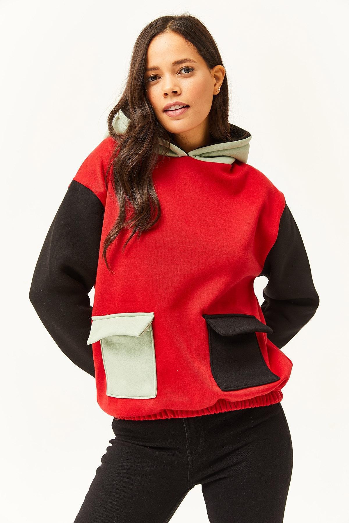 Red Colour Block Fleece Inner Sweatshirt, C101_3728, large image number 2