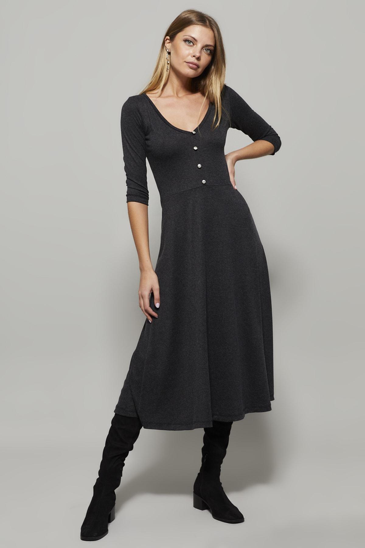 Grey Button V-Neck Dress, , large image number 0