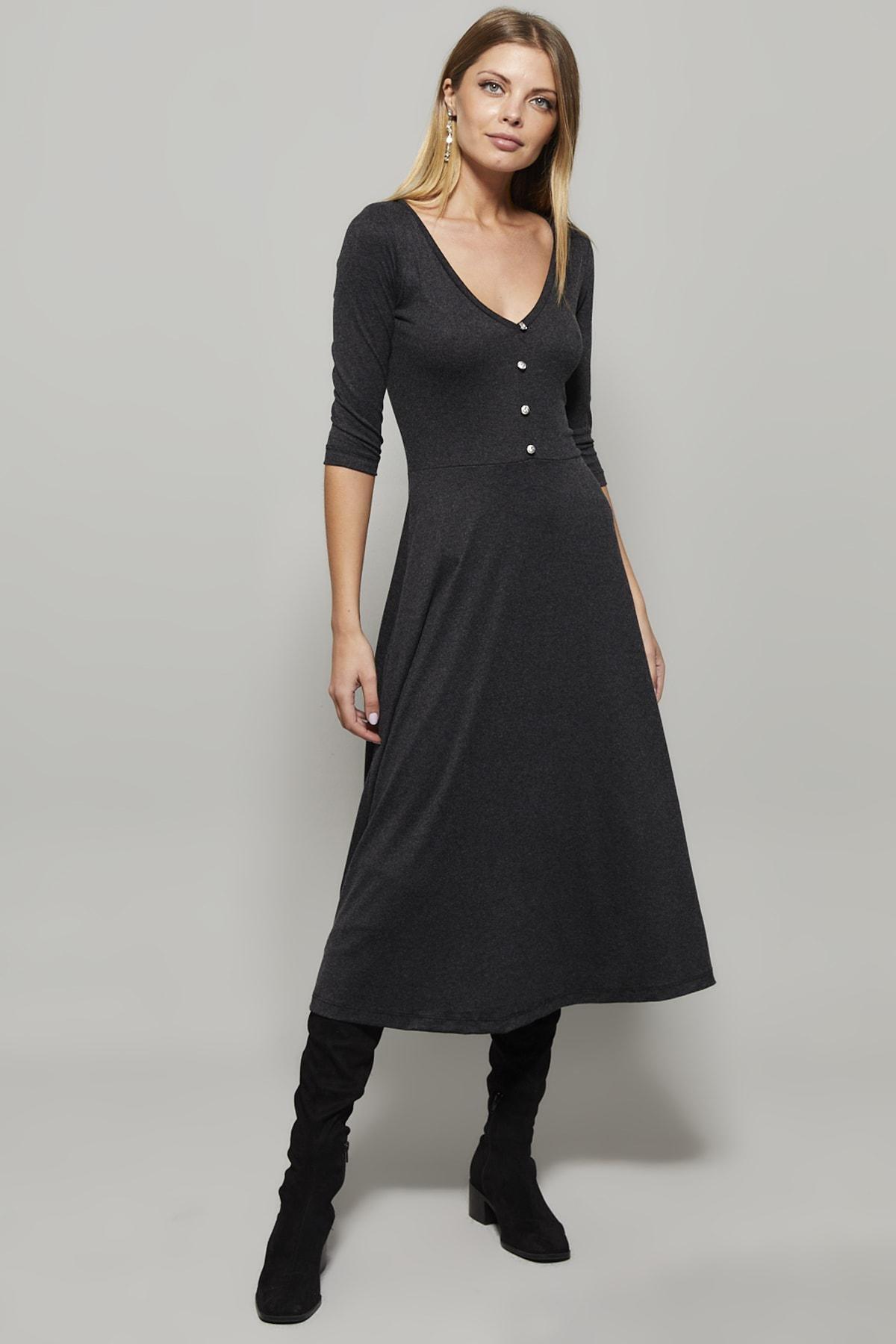 Grey Button V-Neck Dress, , large image number 1