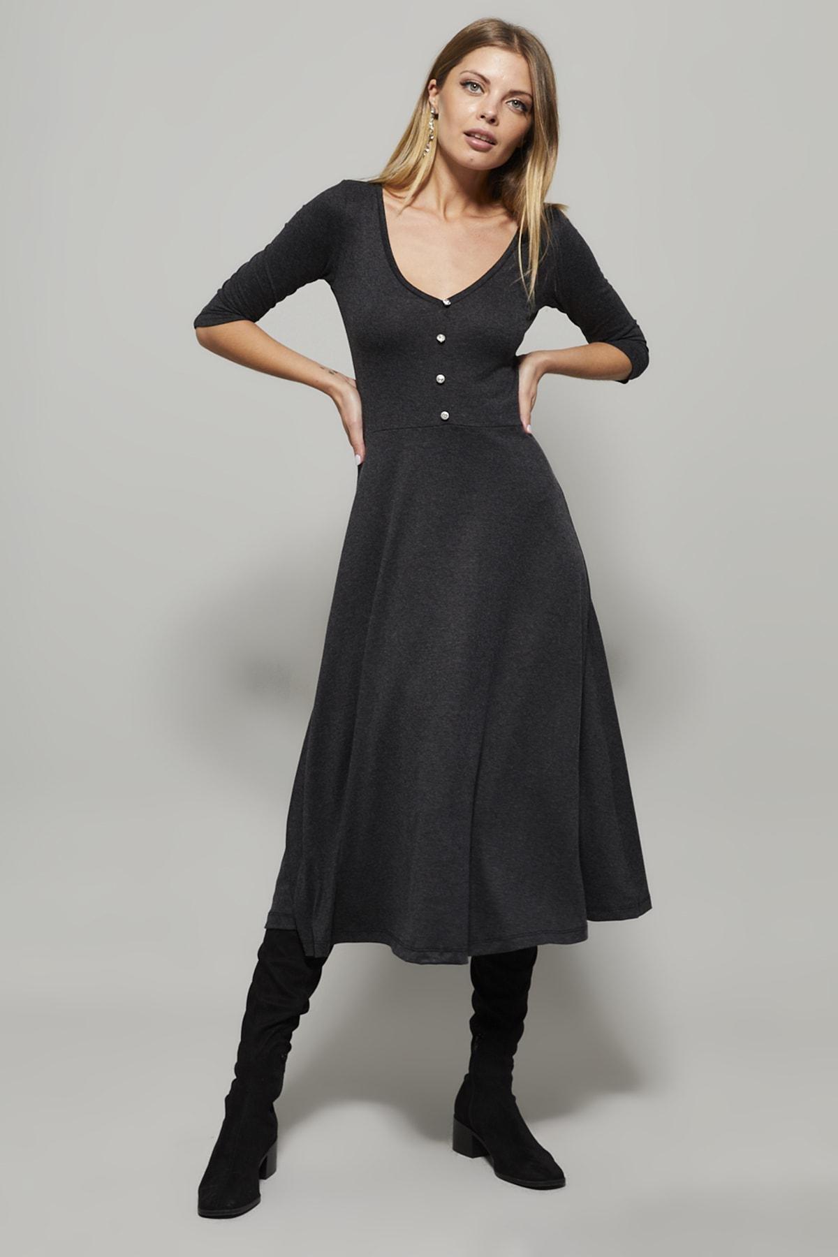 Grey Button V-Neck Dress, , large image number 2