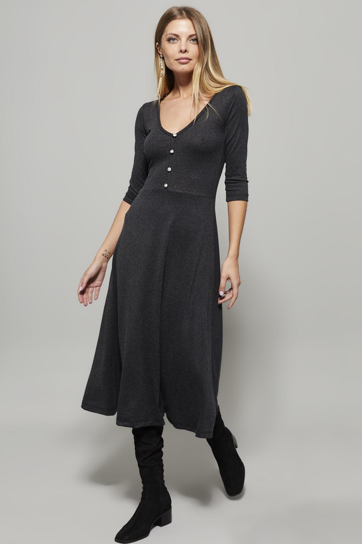Grey Button V-Neck Dress, , large image number 3