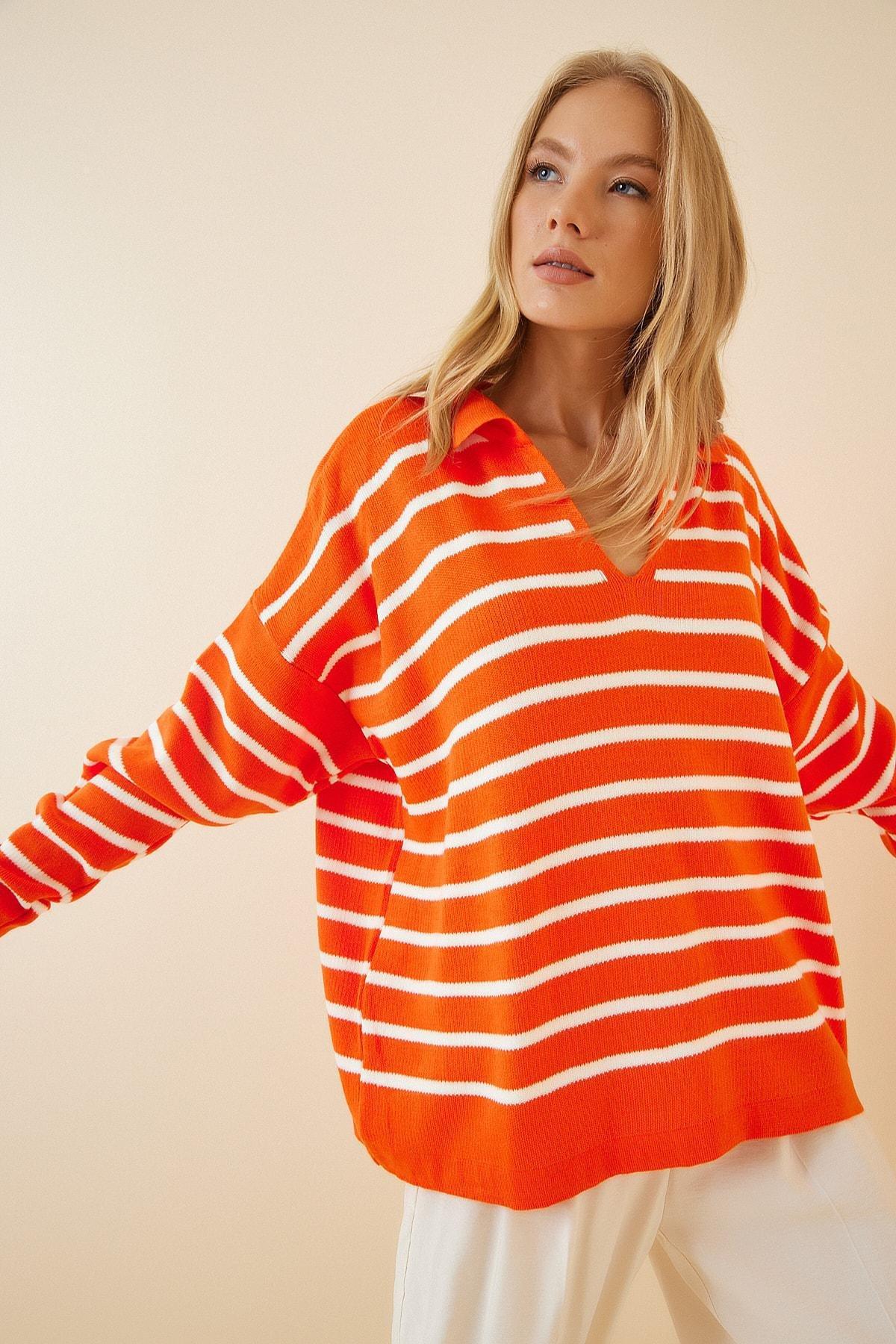 Orange Basic Sweater, Orange White, large image number 1