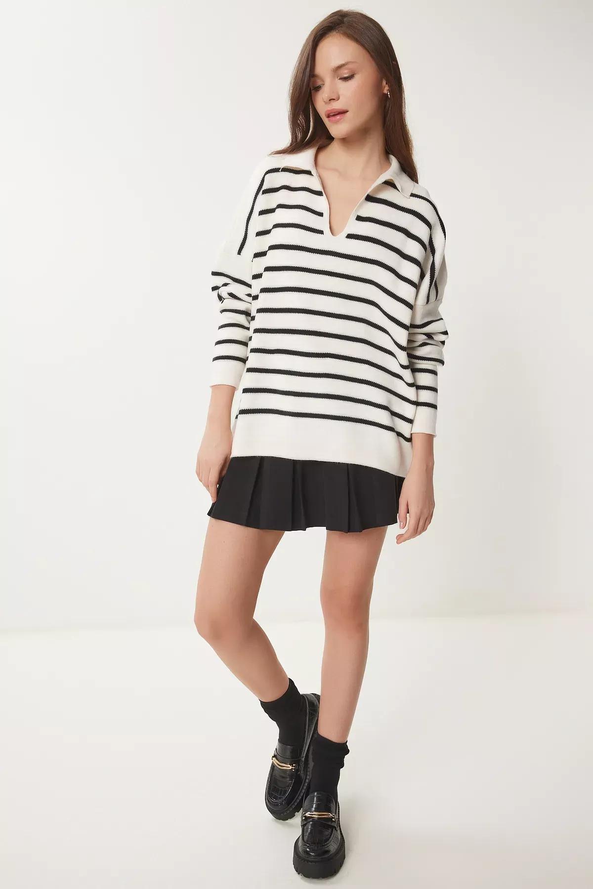 White Polo Neck Striped Sweater, White, large image number 0
