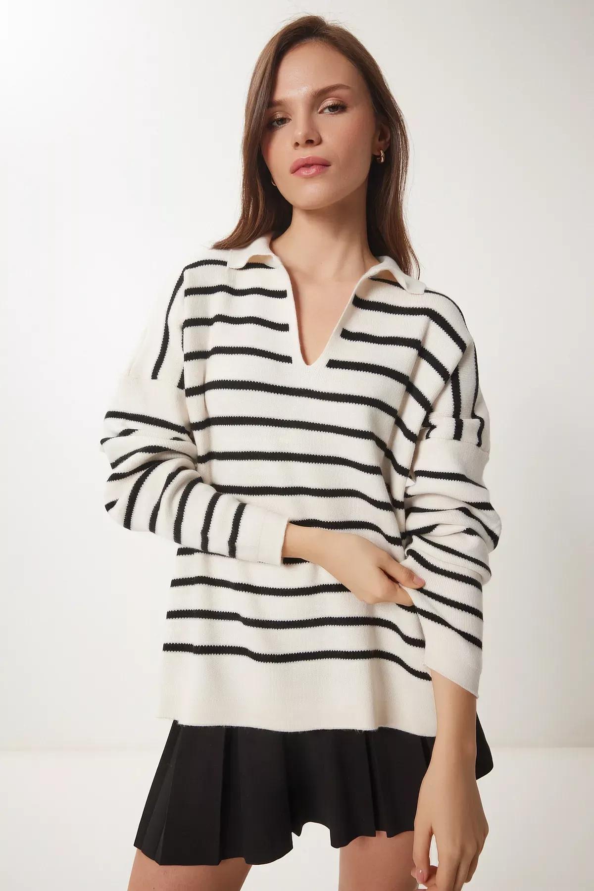 White Polo Neck Striped Sweater, White, large image number 1