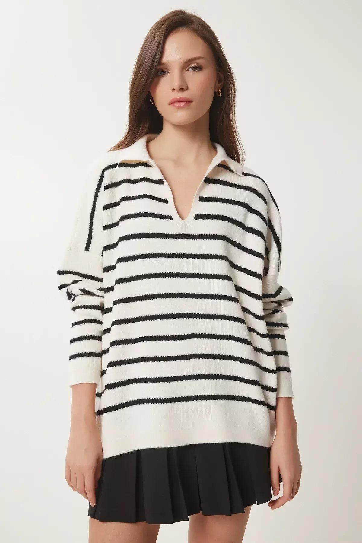 White Polo Neck Striped Sweater, White, large image number 2