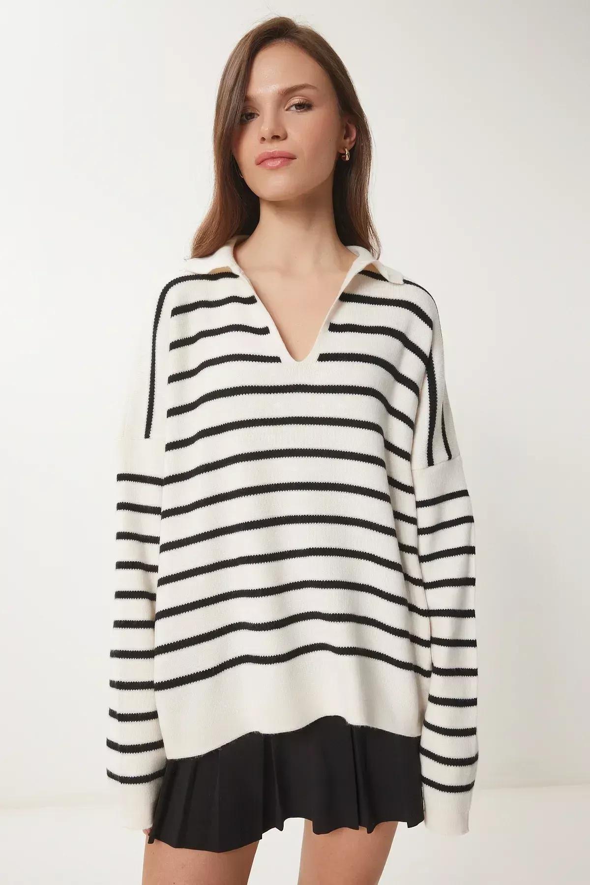 White Polo Neck Striped Sweater, White, large image number 3