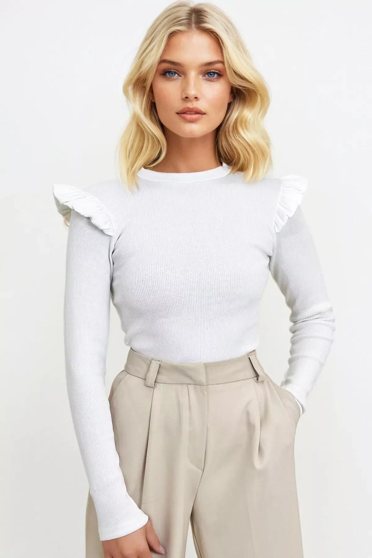 White High-Neck Fitted Ruffle Sleeve Sweater, , large image number 1
