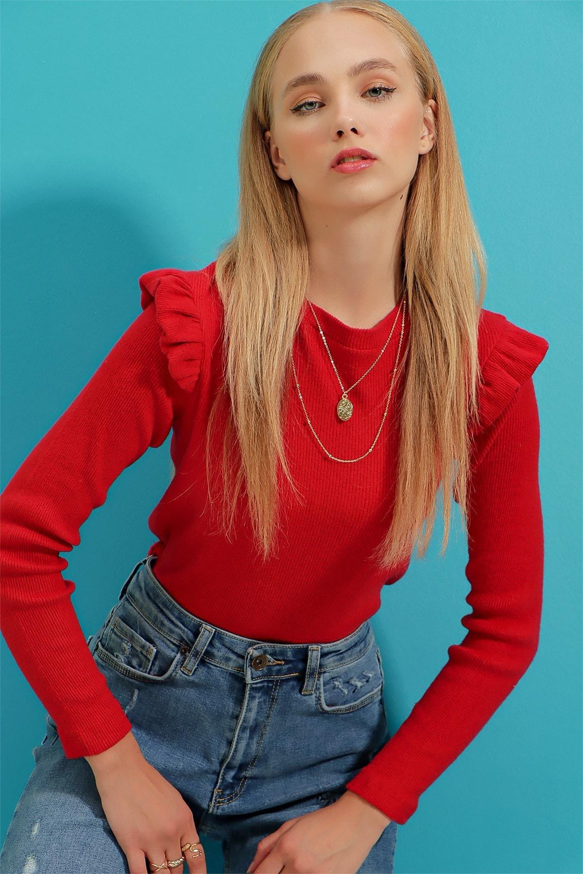 Red Slim Casual Cropped Sweater, , large image number 0