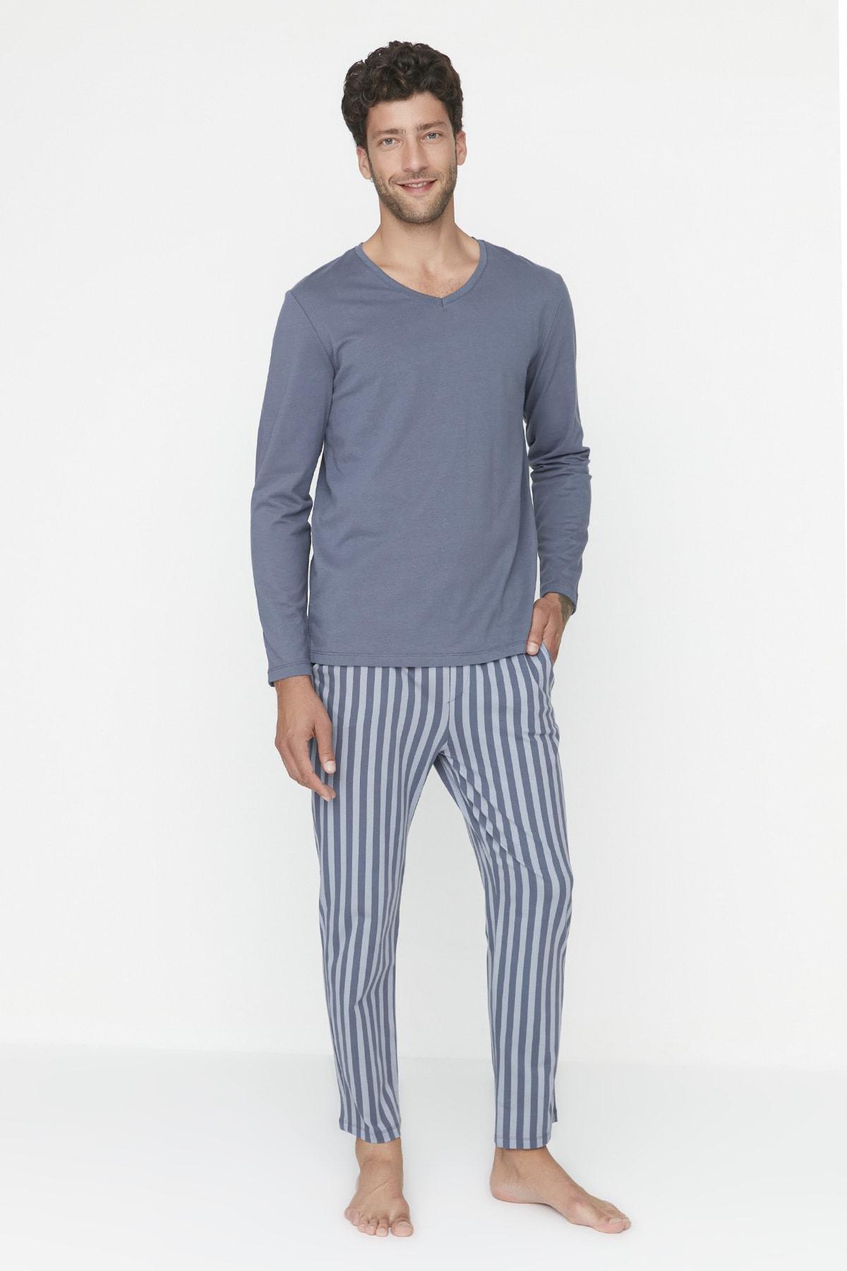 Blue Mid Waist V Neck Pajama Set, , large image number 1