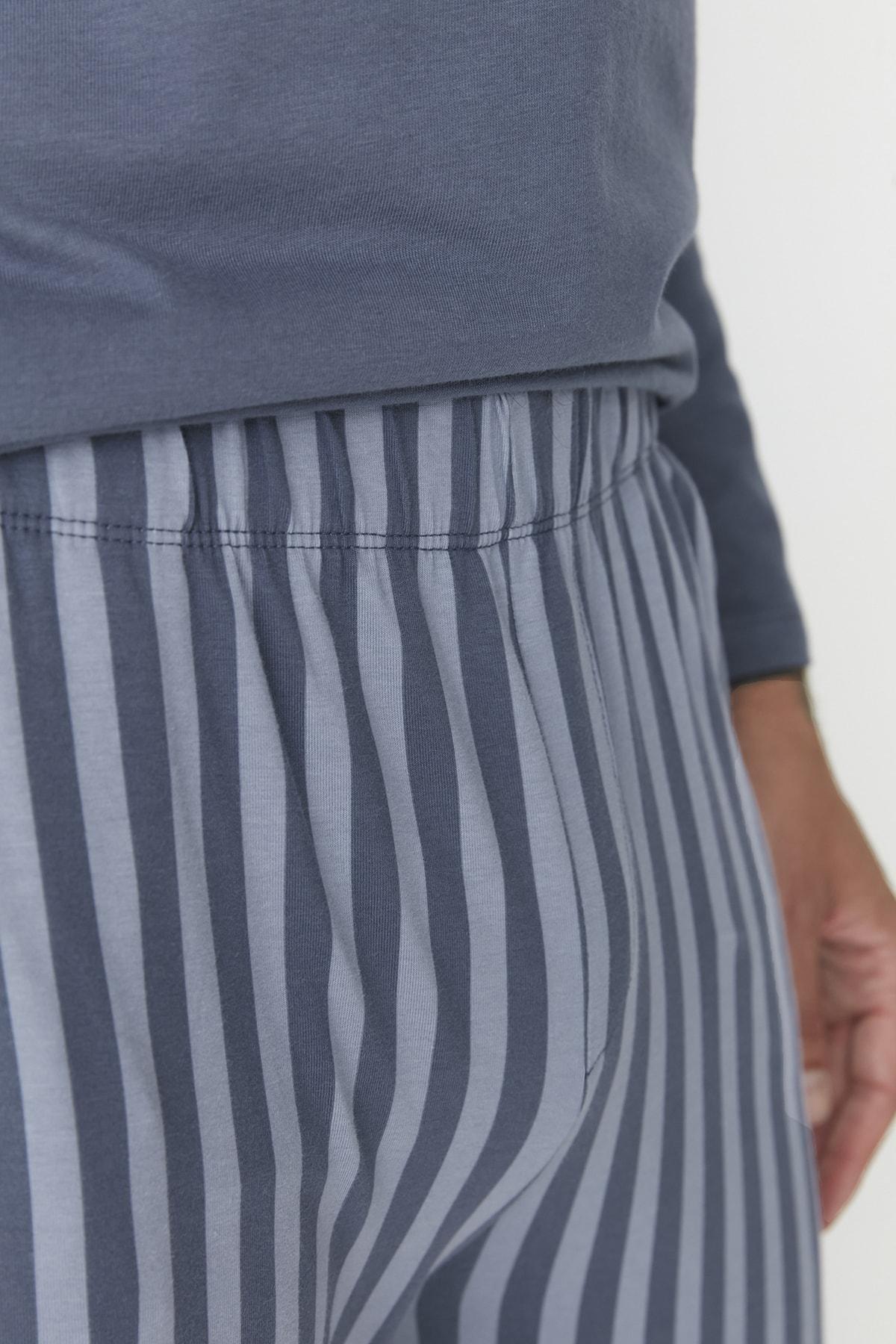 Blue Mid Waist V Neck Pajama Set, , large image number 2