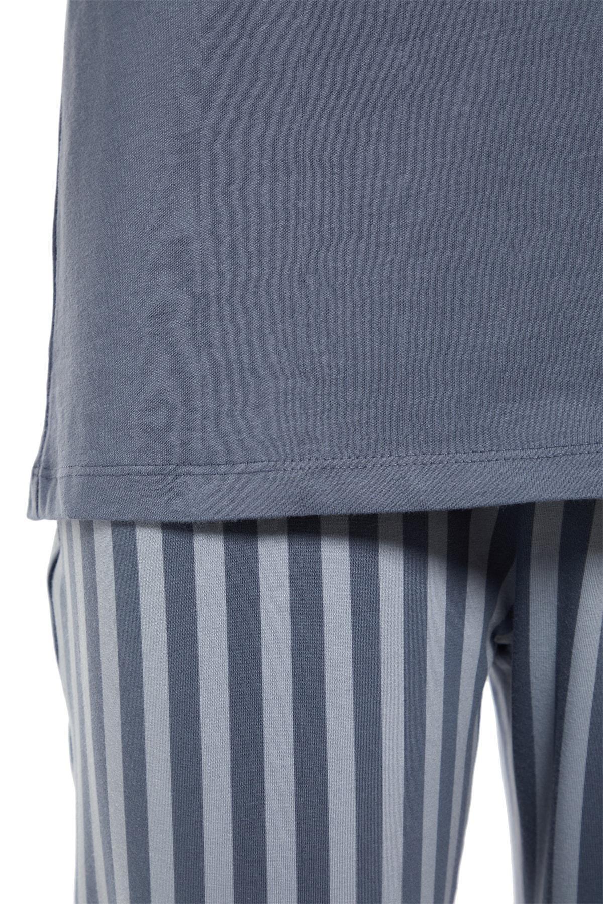 Blue Mid Waist V Neck Pajama Set, , large image number 4