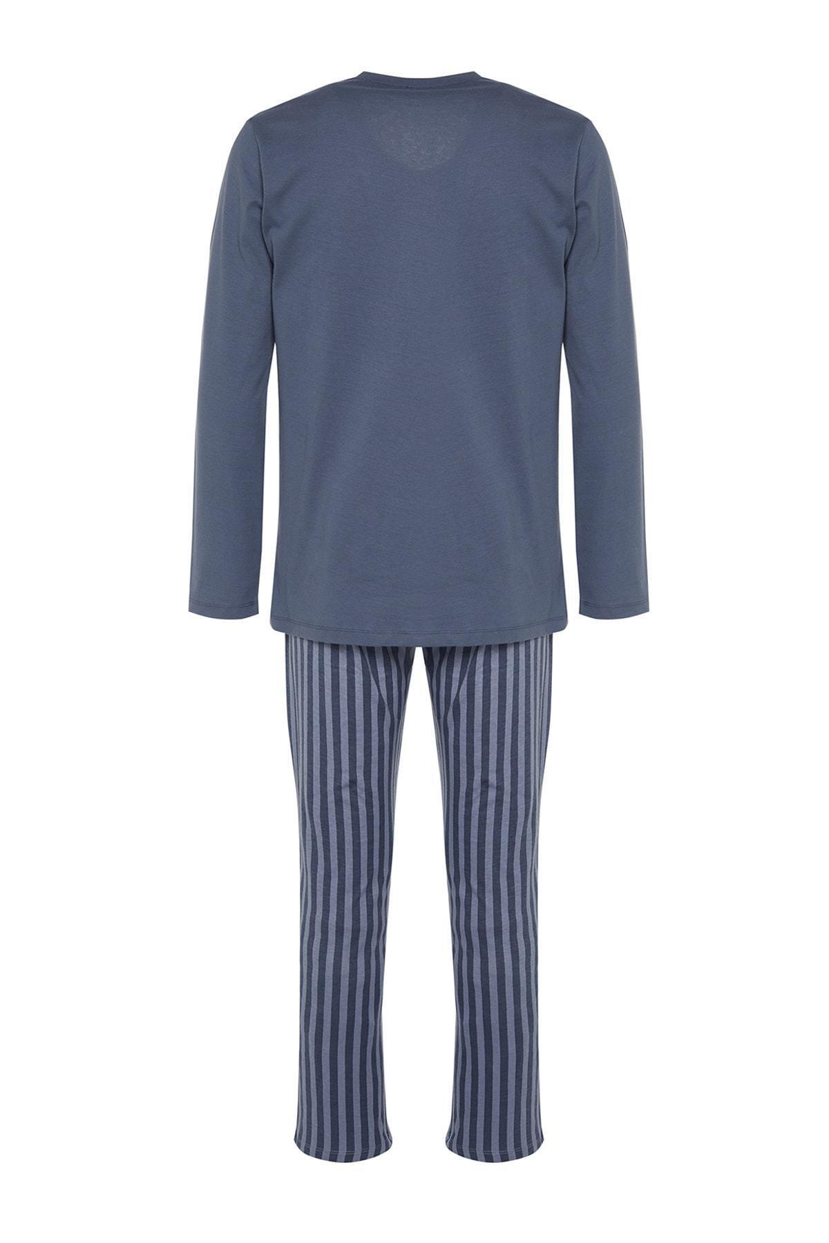 Blue Mid Waist V Neck Pajama Set, , large image number 5