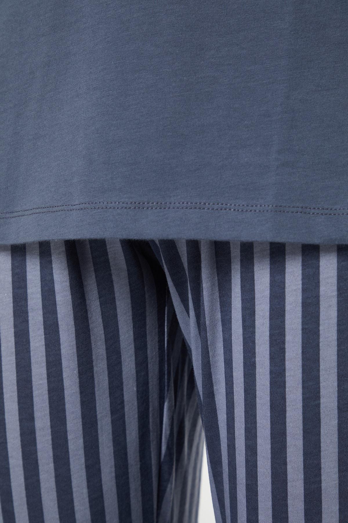 Blue Mid Waist V Neck Pajama Set, , large image number 6