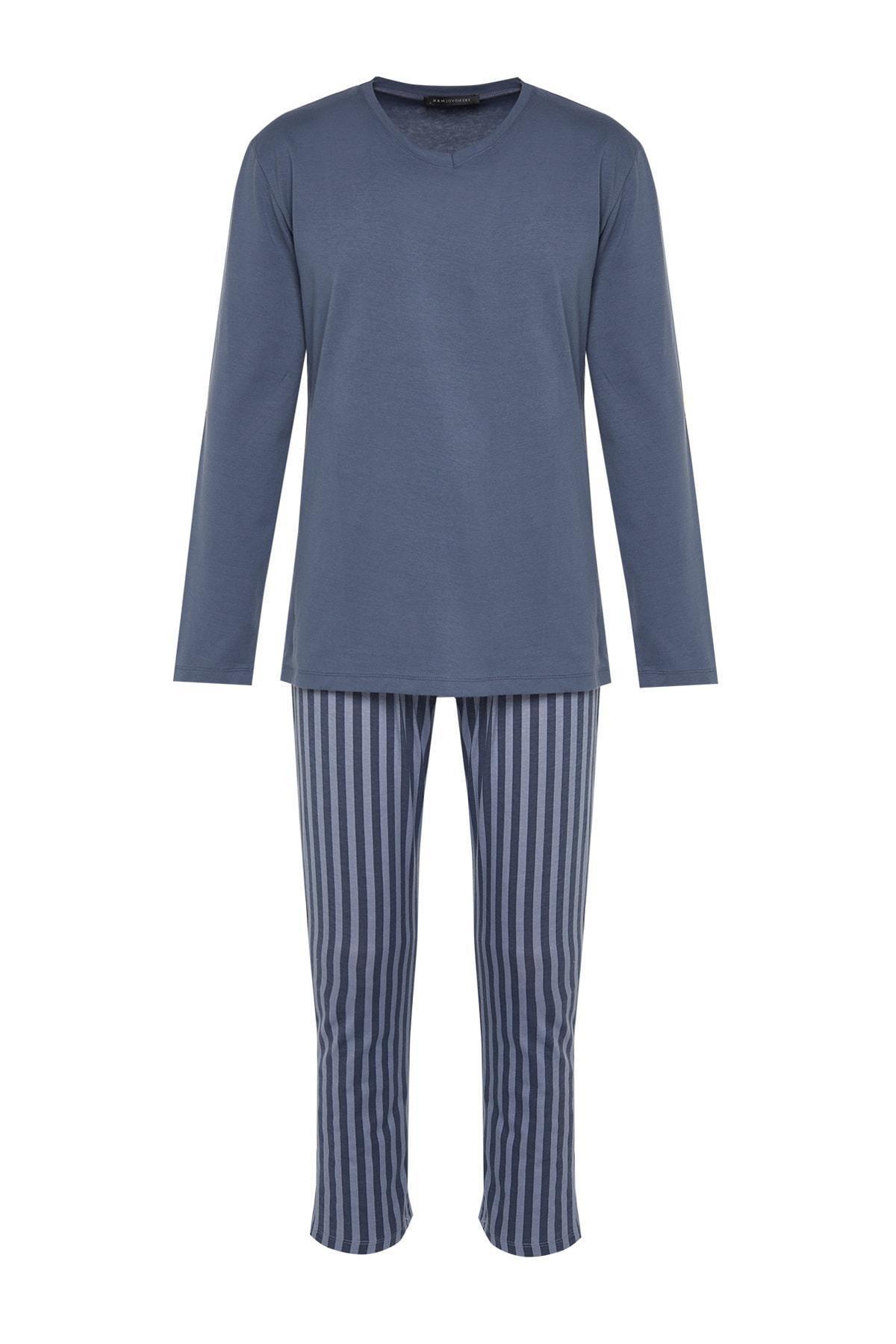 Blue Mid Waist V Neck Pajama Set, , large image number 7