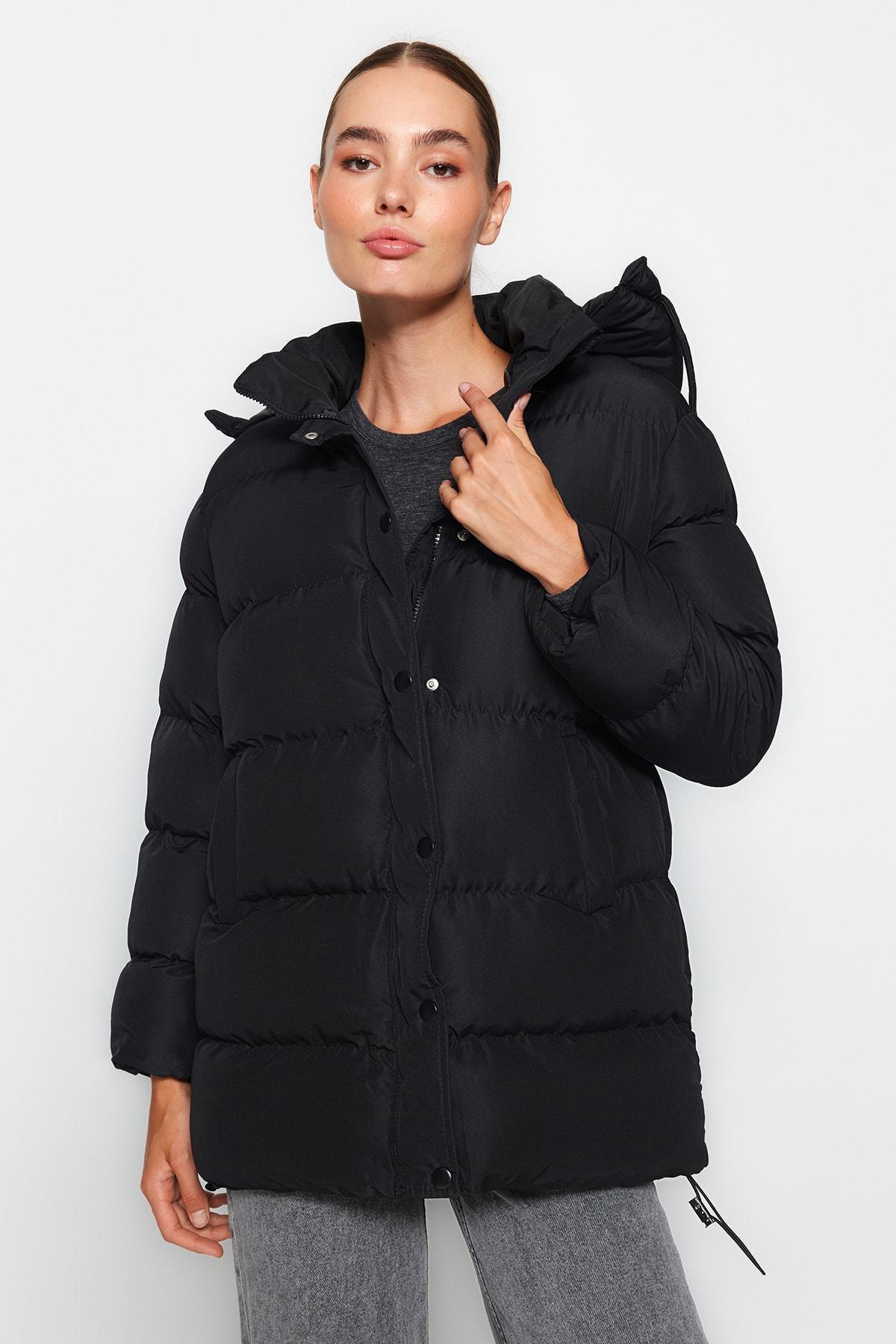 Black Hooded Water Repellent Inflatable Coat, , large image number 0