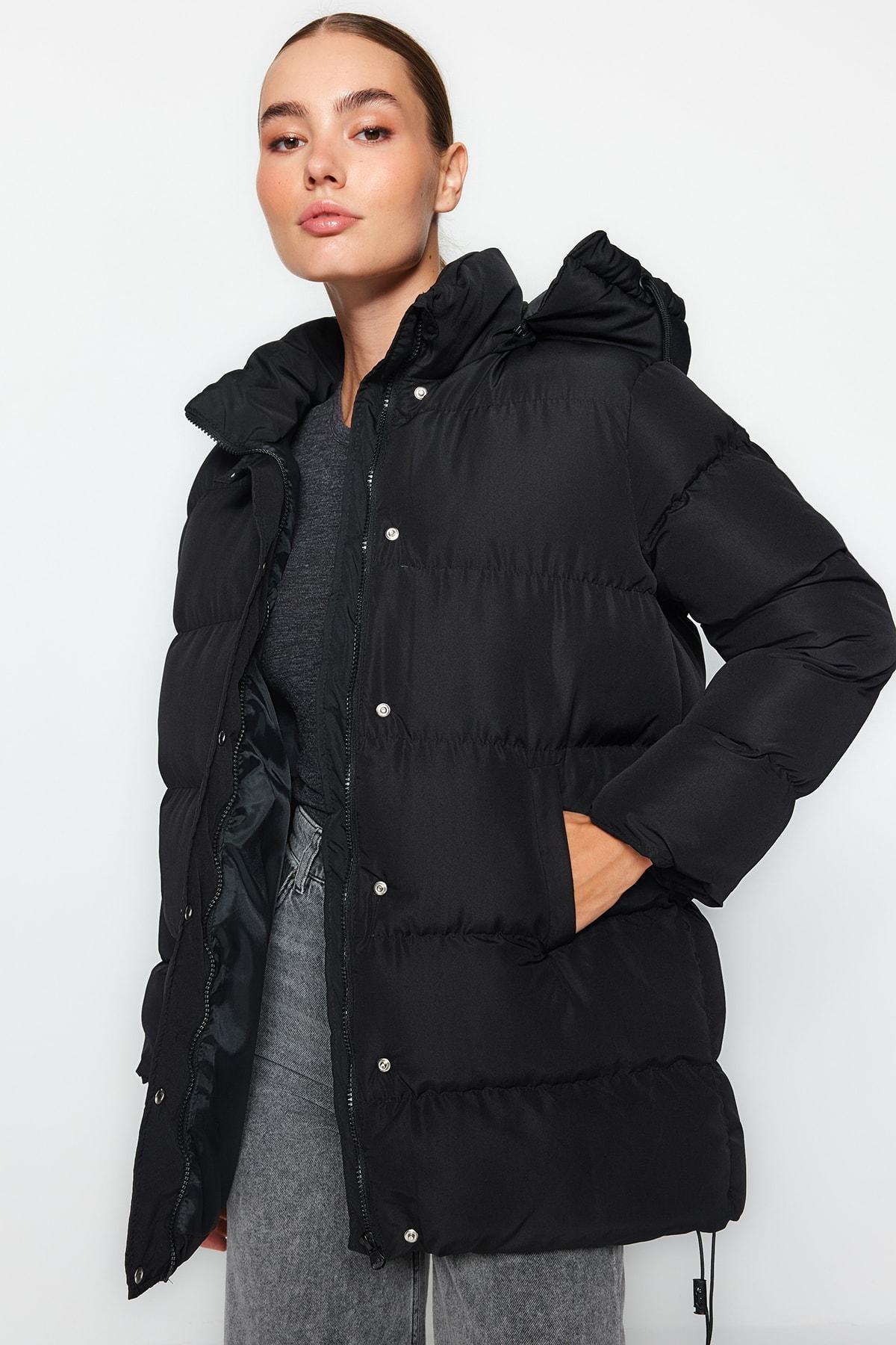 Black Hooded Water Repellent Inflatable Coat, , large image number 1