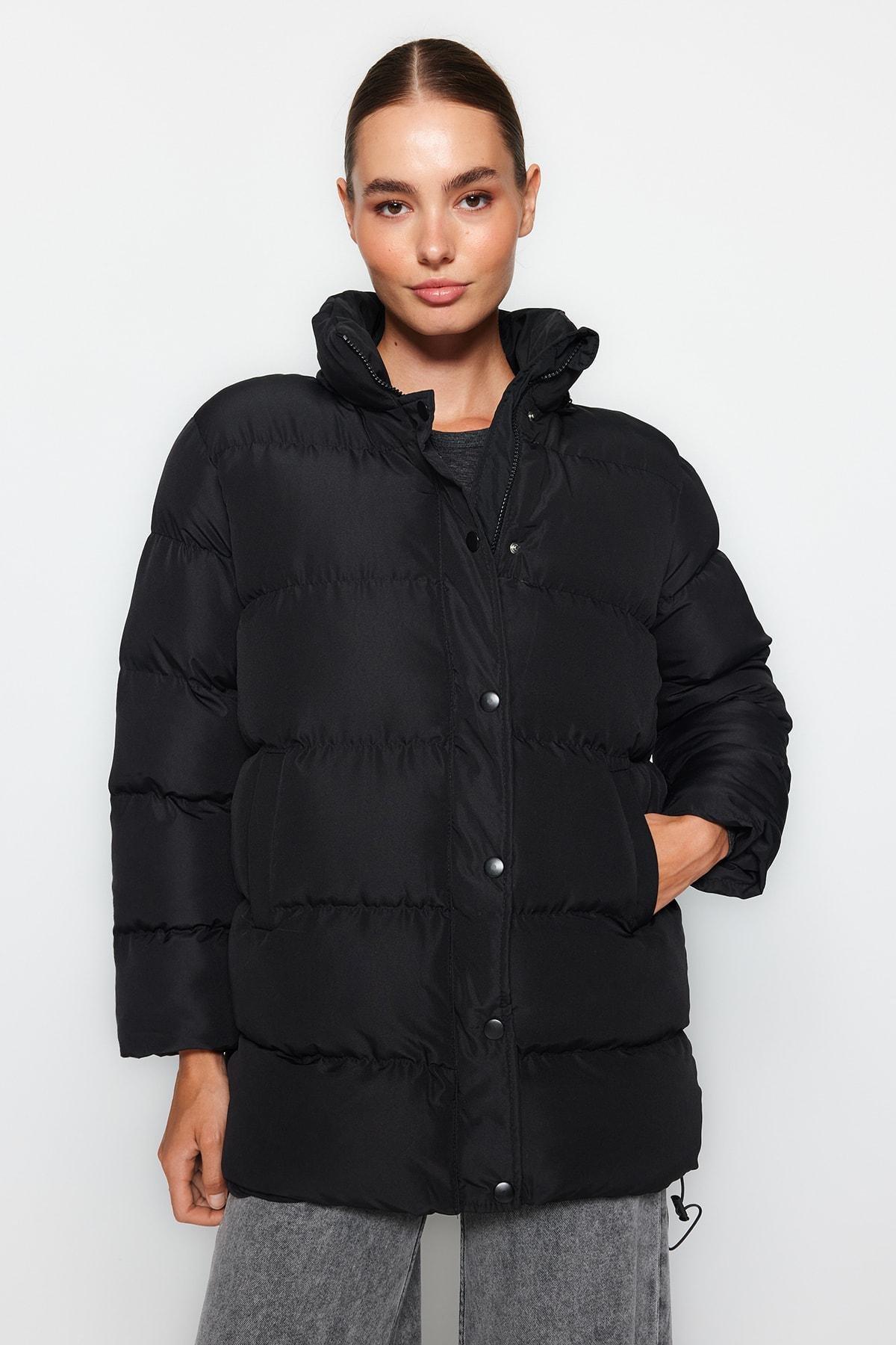 Black Hooded Water Repellent Inflatable Coat, , large image number 4