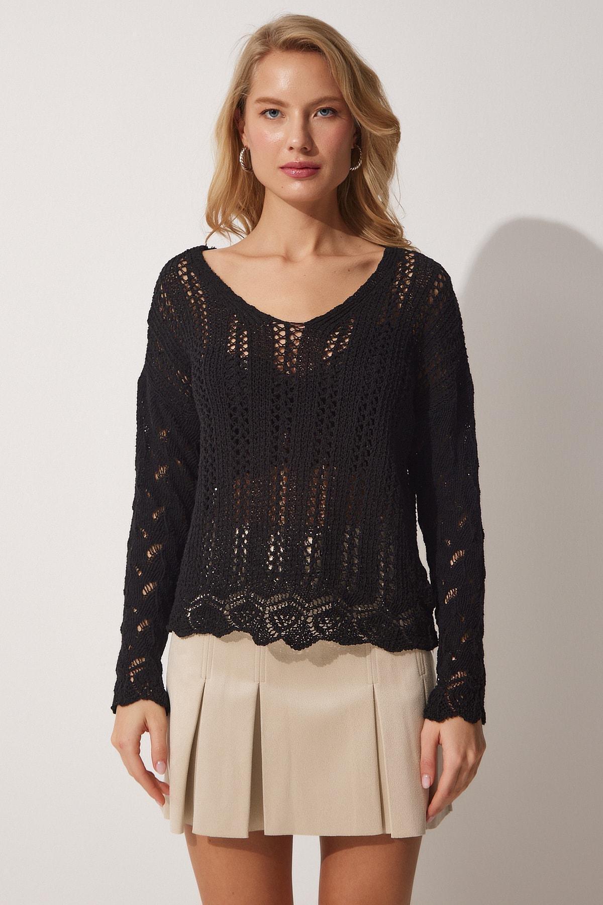 Black V-Neck Knitwear Blouse With Openwork, , large image number 3