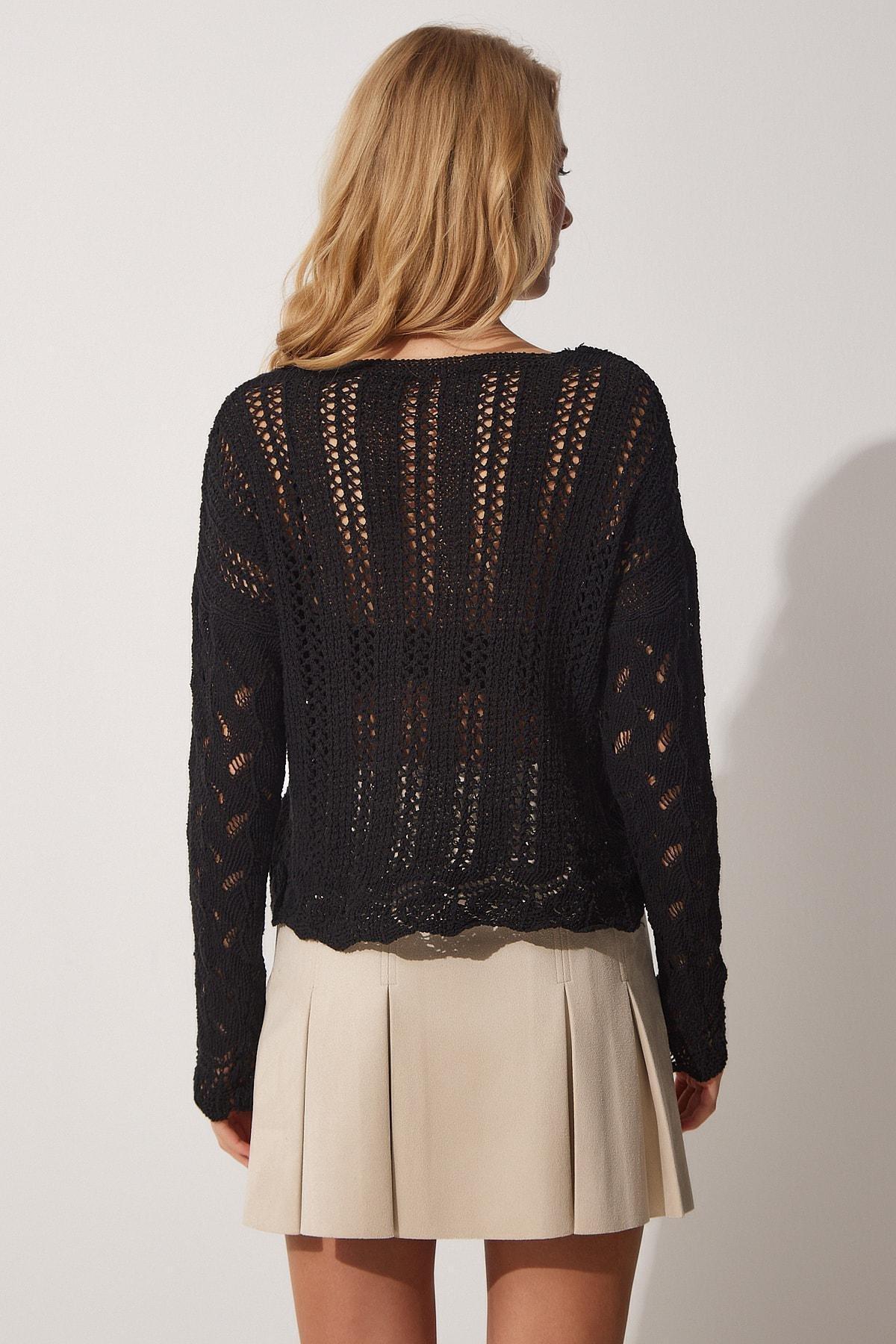 Black V-Neck Knitwear Blouse With Openwork, , large image number 4