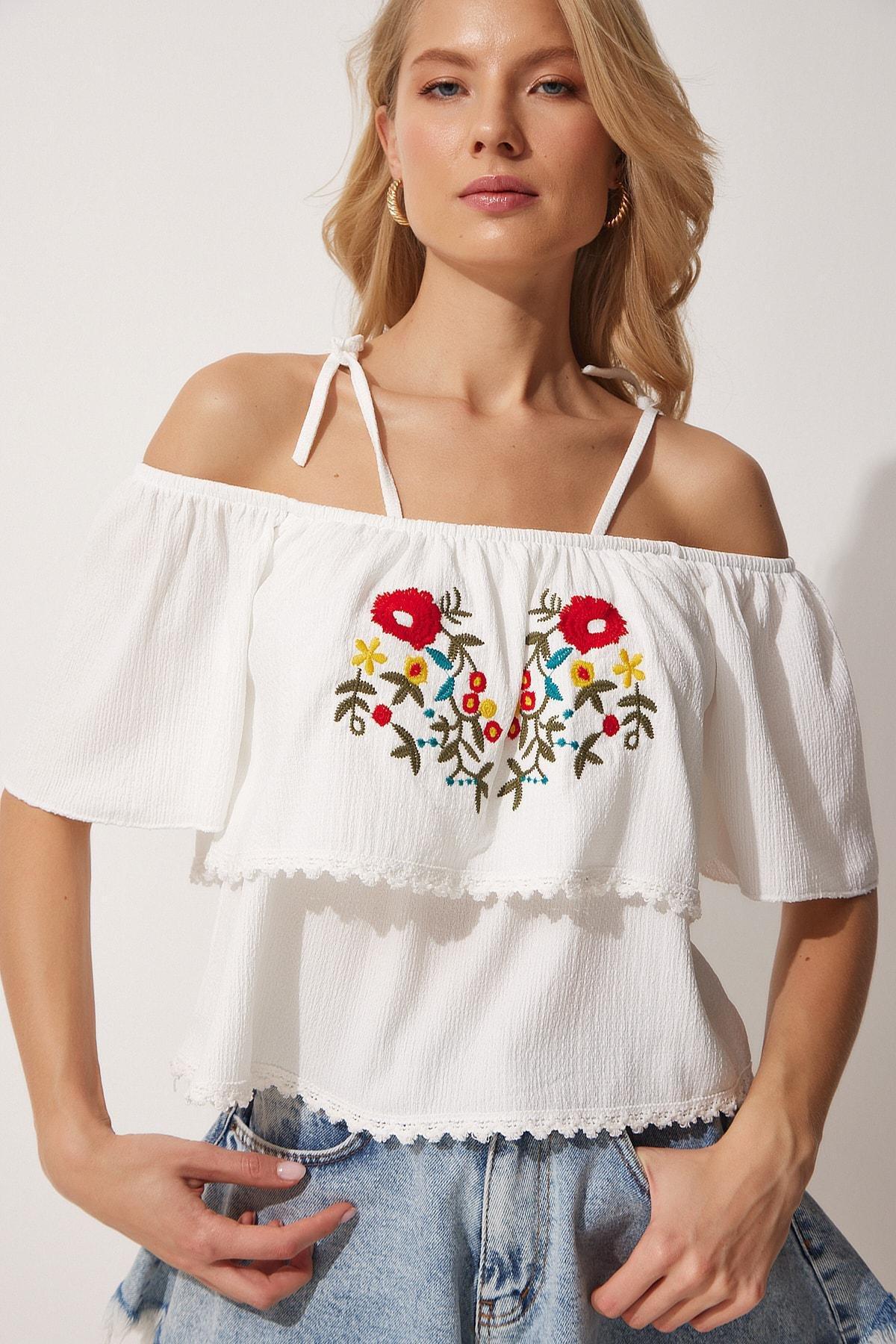 White Floral Off-Shoulder Top, White, large image number 0