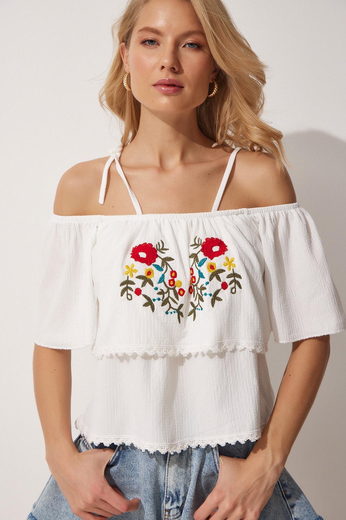 White Floral Off-Shoulder Top, White, large image number 1