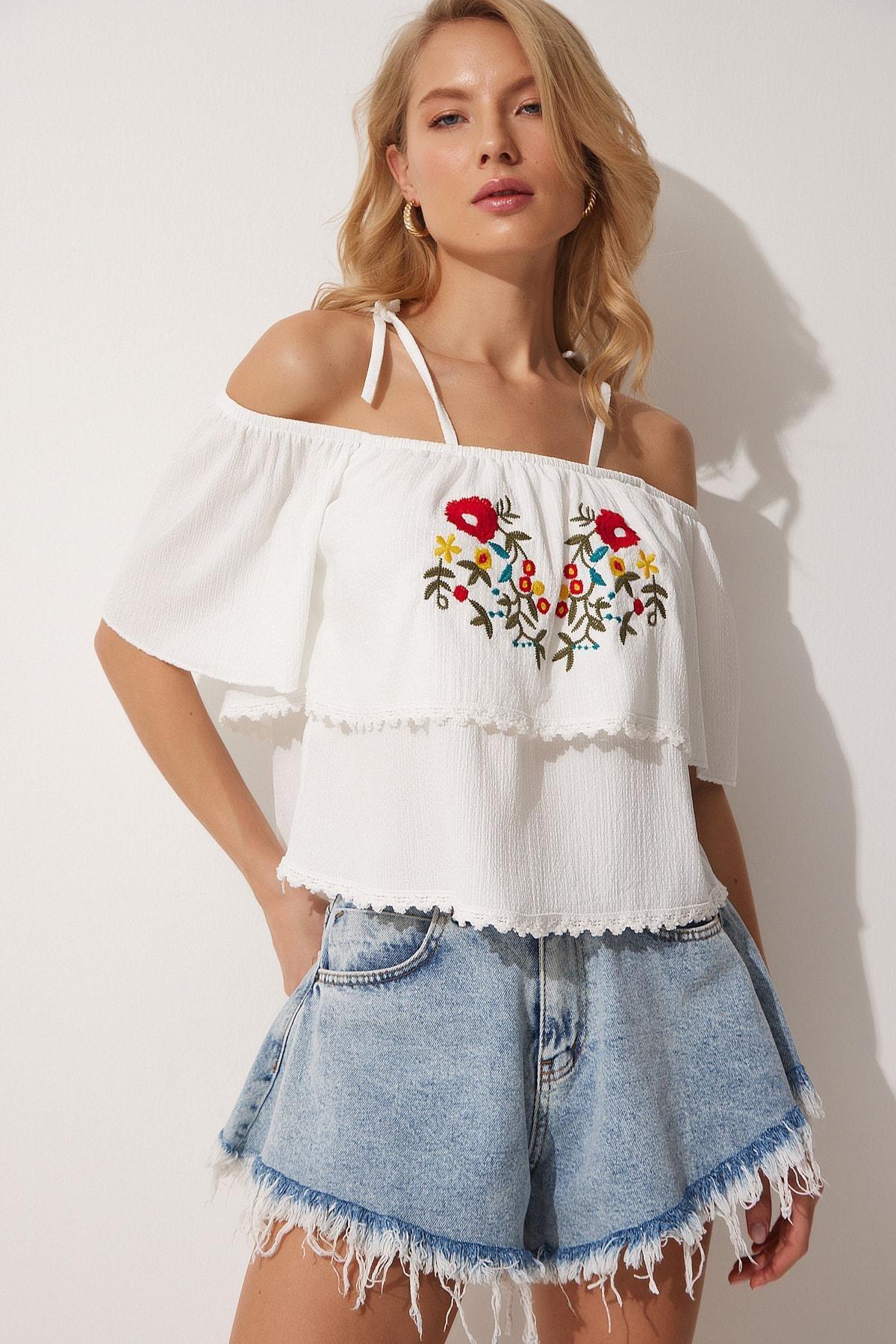 White Floral Off-Shoulder Top, White, large image number 2