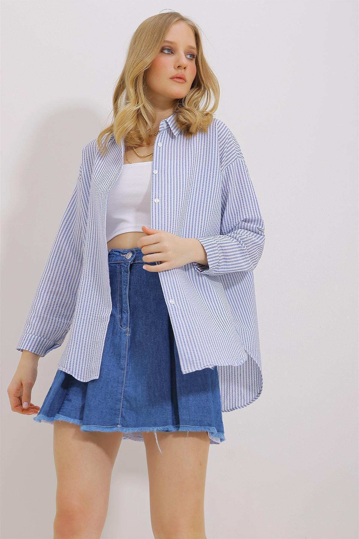 Navy Striped Oversized Shirt, Navy blue, large image number 0