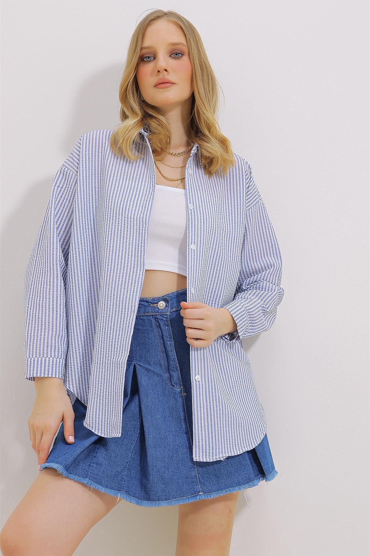 Navy Striped Oversized Shirt, Navy blue, large image number 1