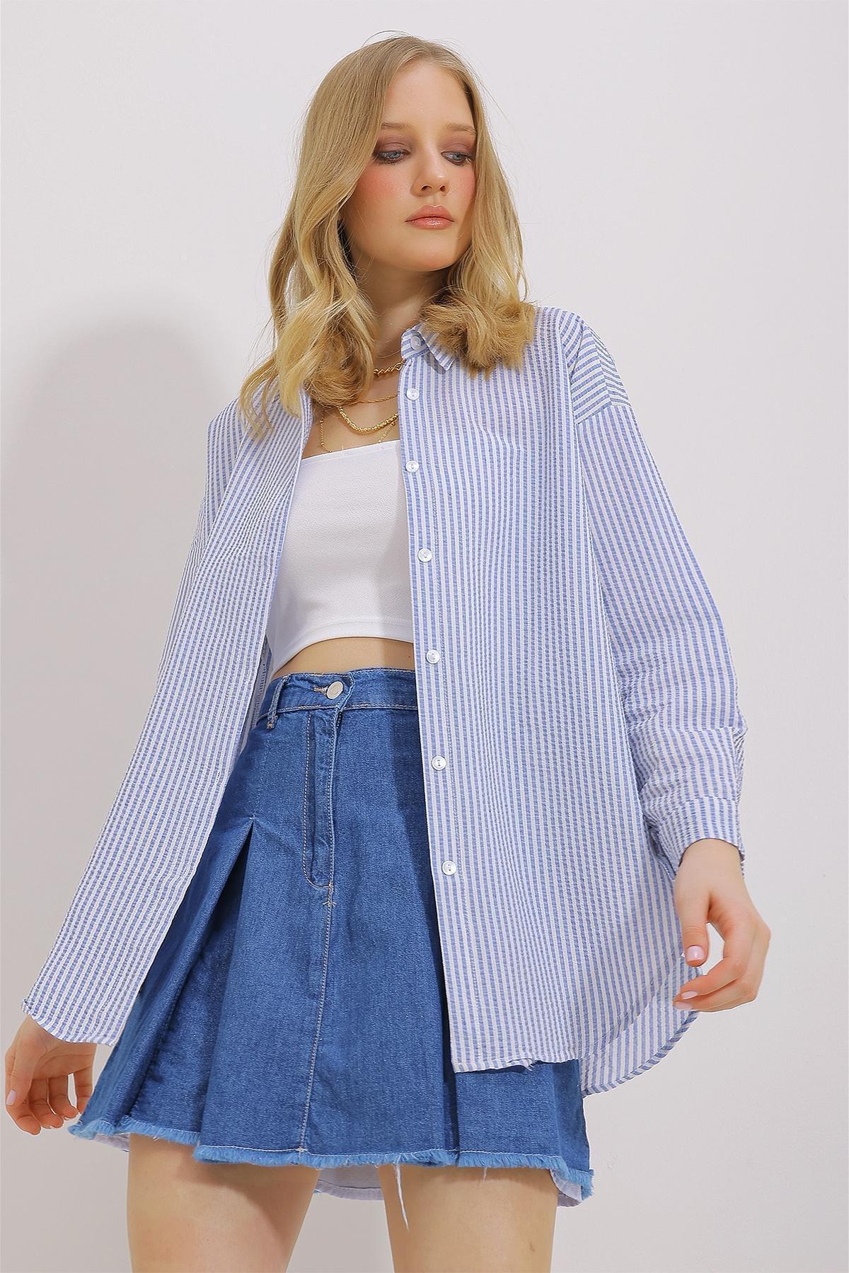 Navy Striped Oversized Shirt, Navy blue, large image number 3