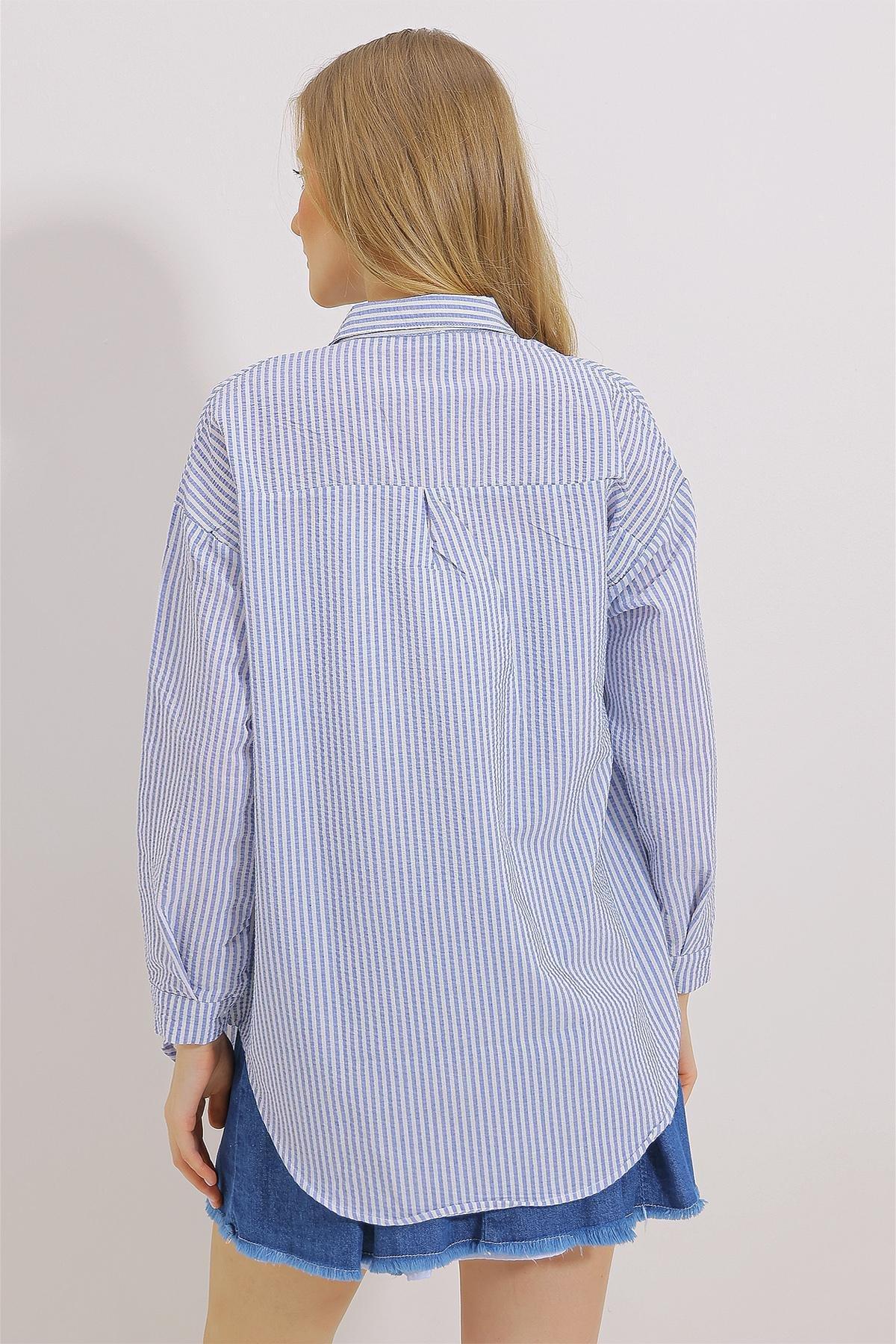 Navy Striped Oversized Shirt, Navy blue, large image number 4