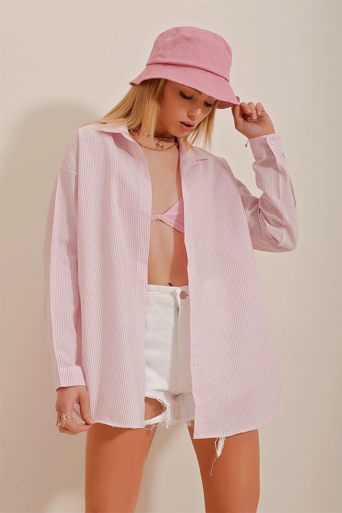 Pink Striped Oversized Shirt, Pink, large image number 2