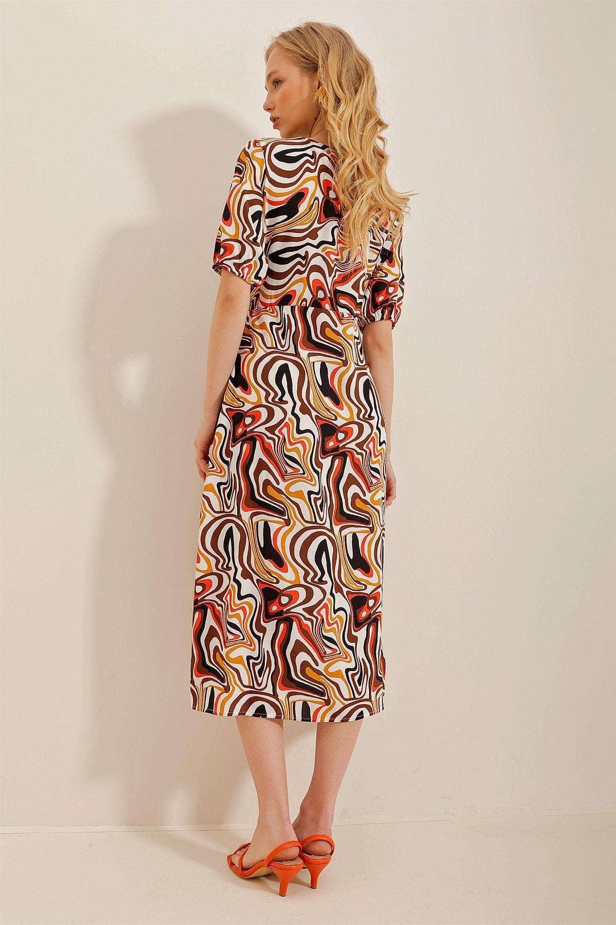 Alacati - Brown Square Collar Graphic A-Line Dress
