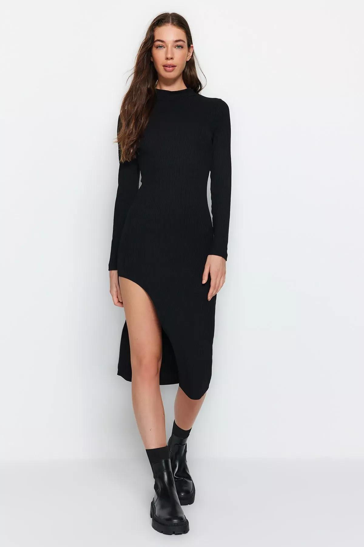 Black Ribbed Stretch Knit Midi Dress, BLACK, large image number 0