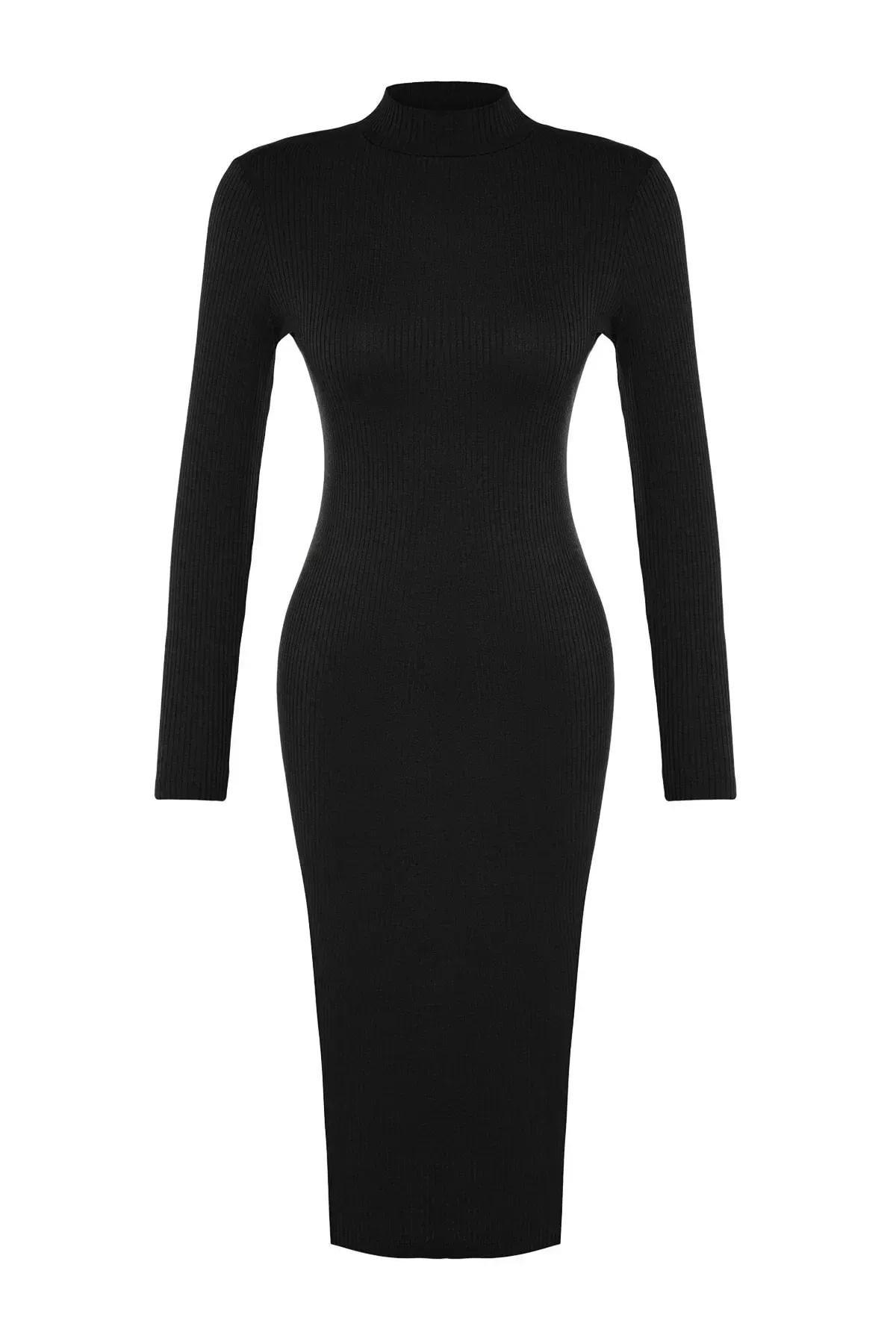 Black Ribbed Stretch Knit Midi Dress, BLACK, large image number 6